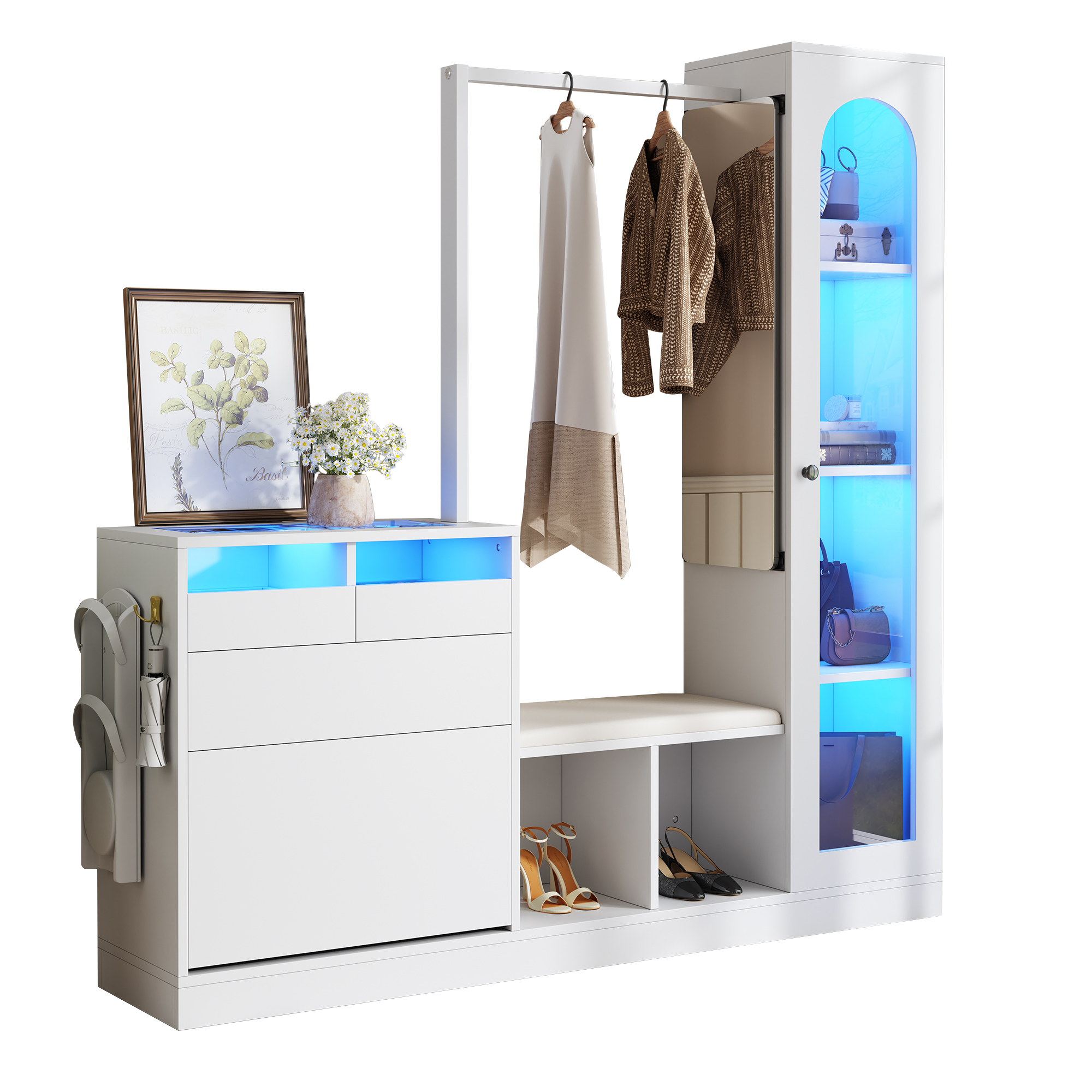 6-in-1 Entrance Combination, Wardrobe Set, Dressing Table With Clothes Rail, Shoe Bench And Folding Shoe Cabinet, Glass Cabinet, With Color-changing LED Light