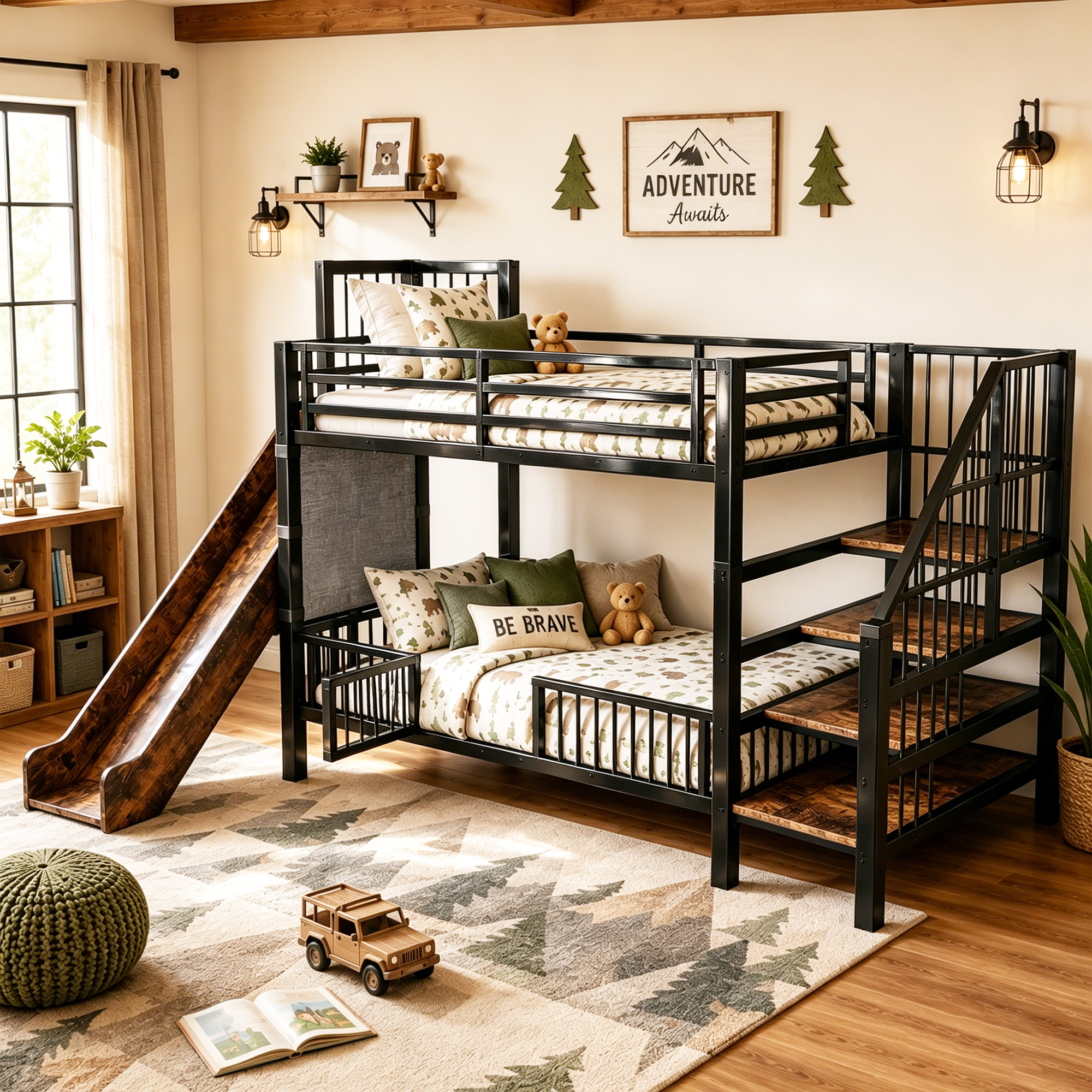 Metal Loft Bed For Children With Slide And Storage Stairs 90x200CM, Bunk Bed Frame With Protective Gate Door, Integrated Shelves, Space-Saving Childrens Bed For Boys And Girls Room Black
