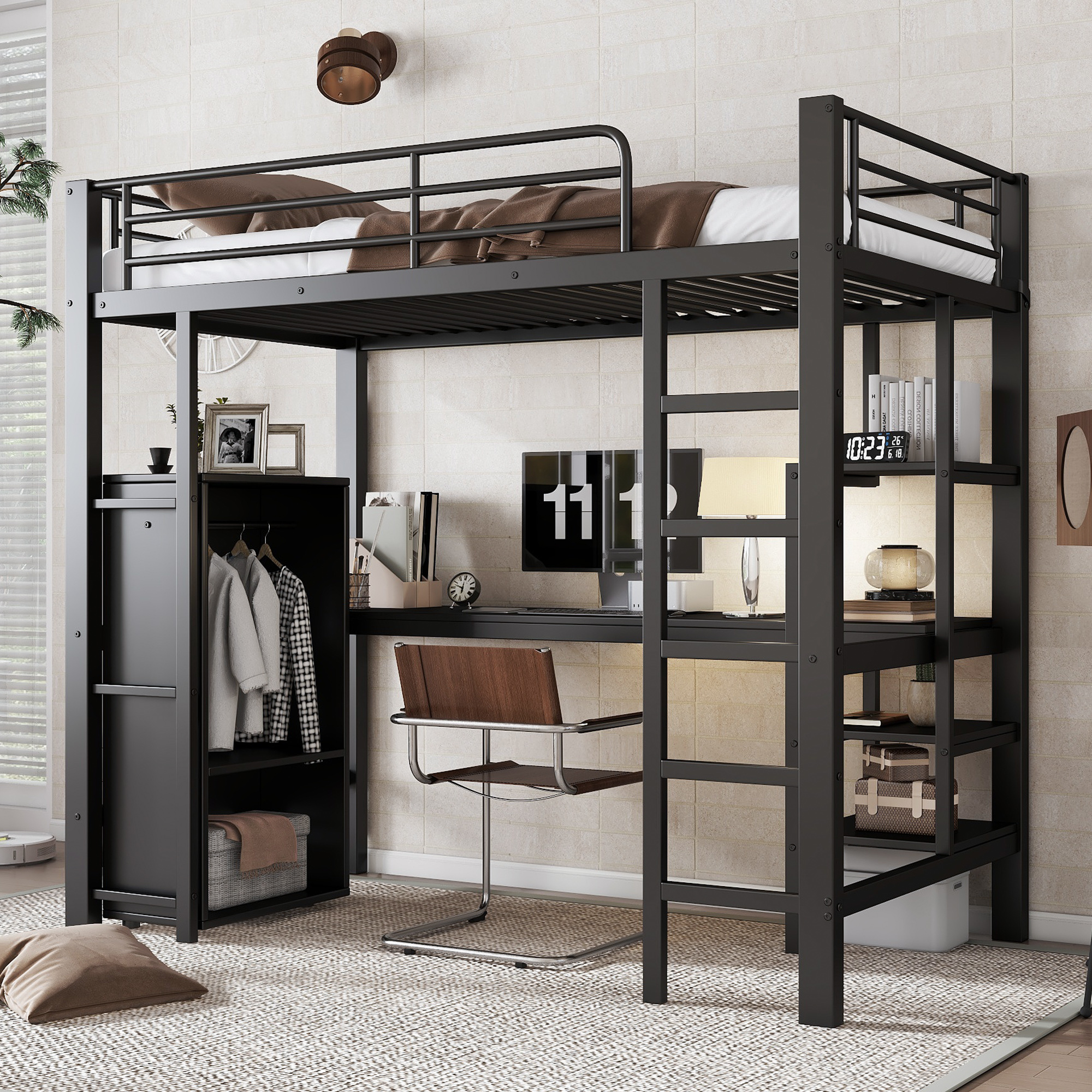 Iron Bed, Bunk Bed, Suitable For Children And Adolescents, With Table And Wardrobe, Plenty Of Storage Compartments, With 5-Step Ladder, Iron Particleboard, Black, 90x200cm