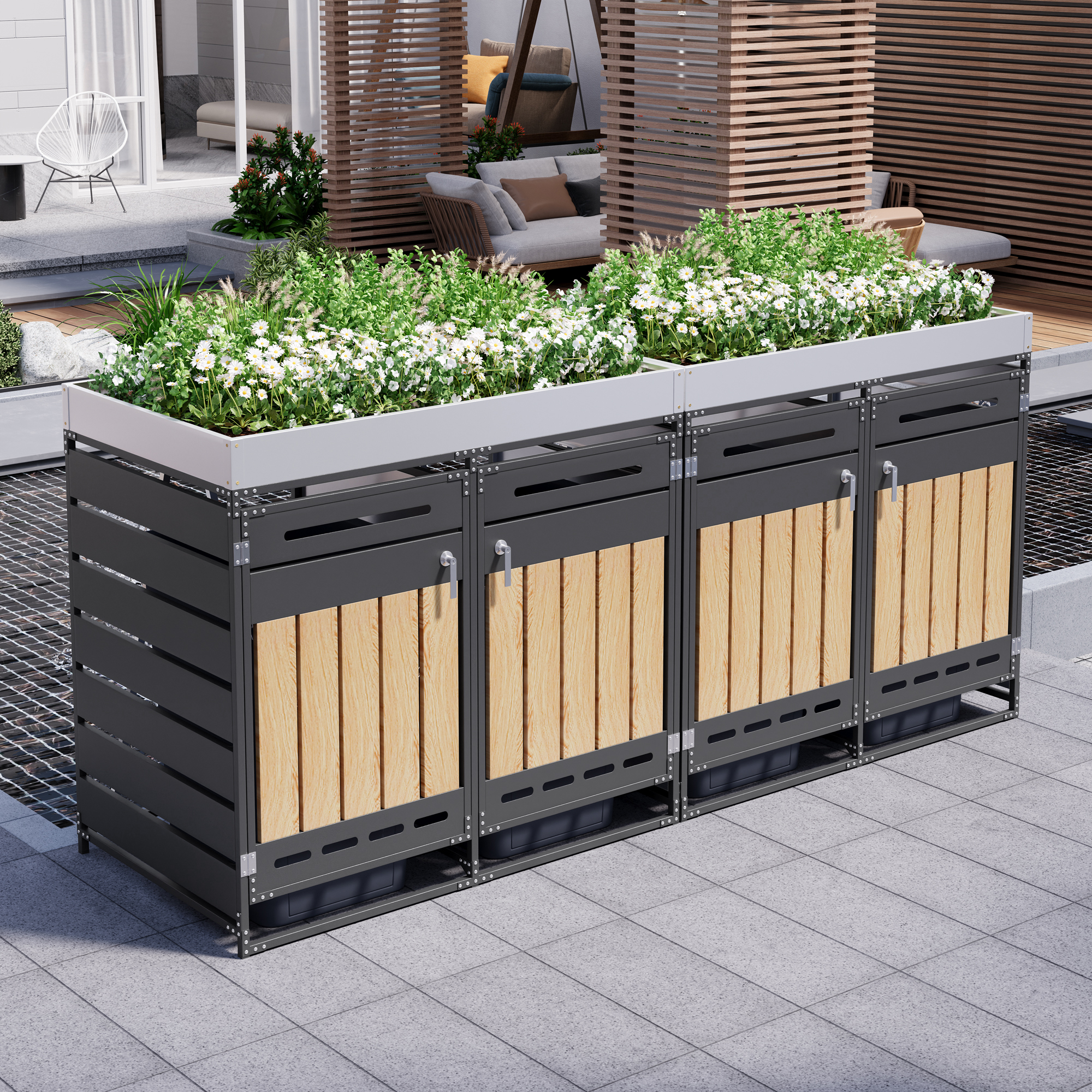 Set Of 4 Trash Can Box With Planter Box, Vertical Wood Grain Panels, Long Hole Cracked Ventilation, Iron Garden Storage Cabinet With Lock