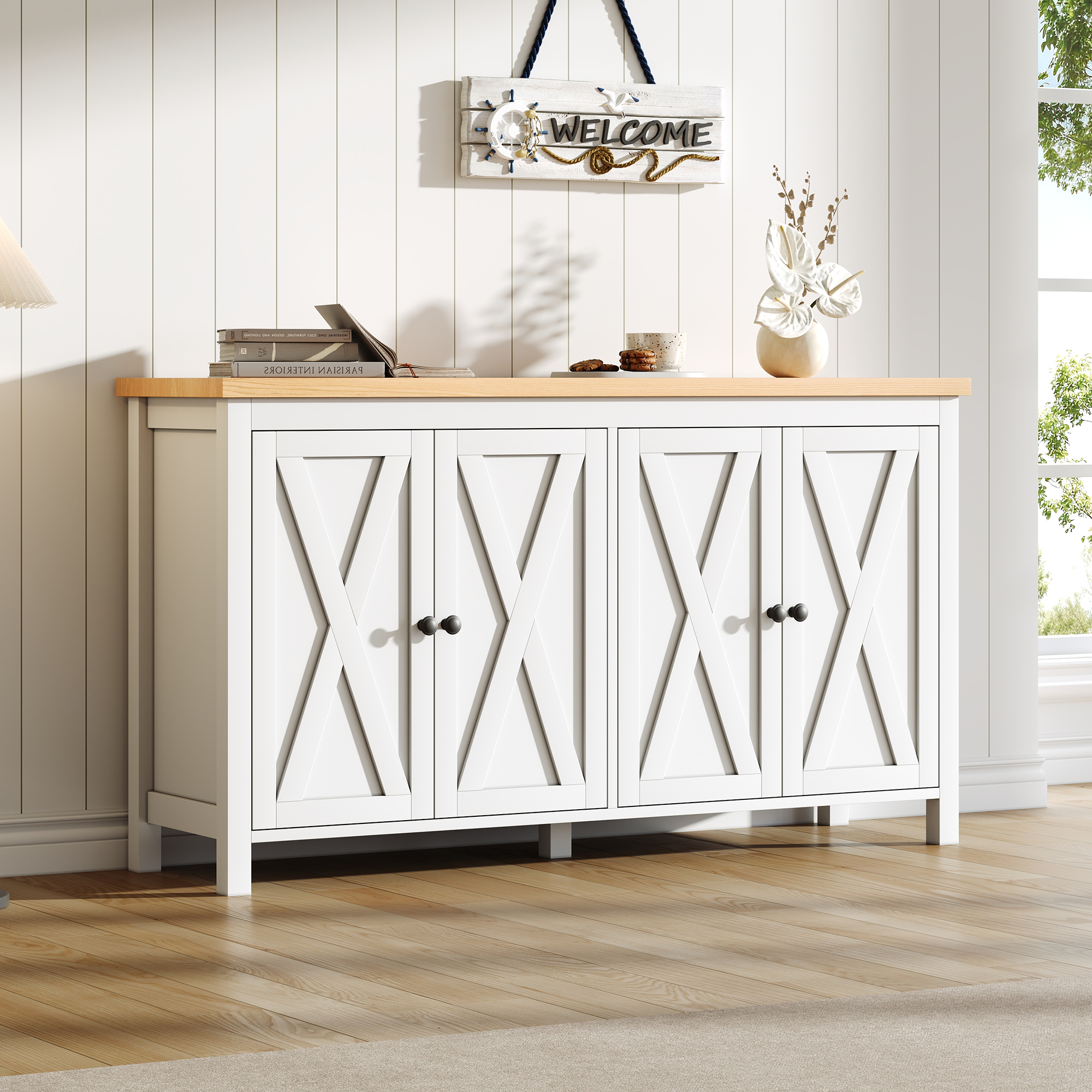 Modern White Sideboard With 4 Doors, With Black Round Handle, 2 Partitions, Multifunctional Storage Cabinet Made Of MDF Material, Living Room Dining Room Cabinet, Entrance Hall, White, 140x 40 X78 Cm
