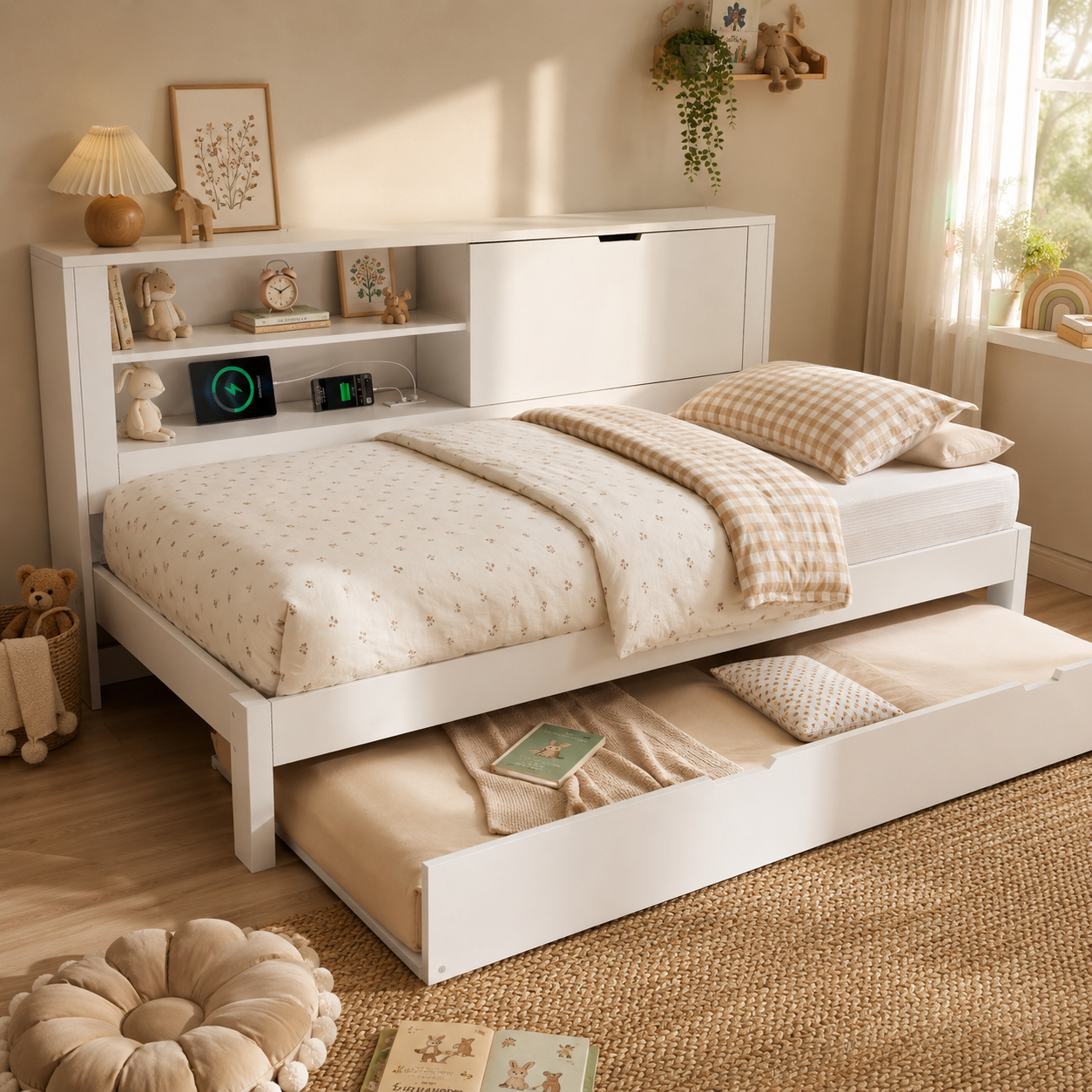 Sofa Bed Single Bed 90x200 Cm With Pull-out Bed 90x190, White Bed Frame With Storage Back Panel, Open Compartment, Concealed Folding Storage Space, USB-USB-C Charging Station, Slatted Base, Without Ma