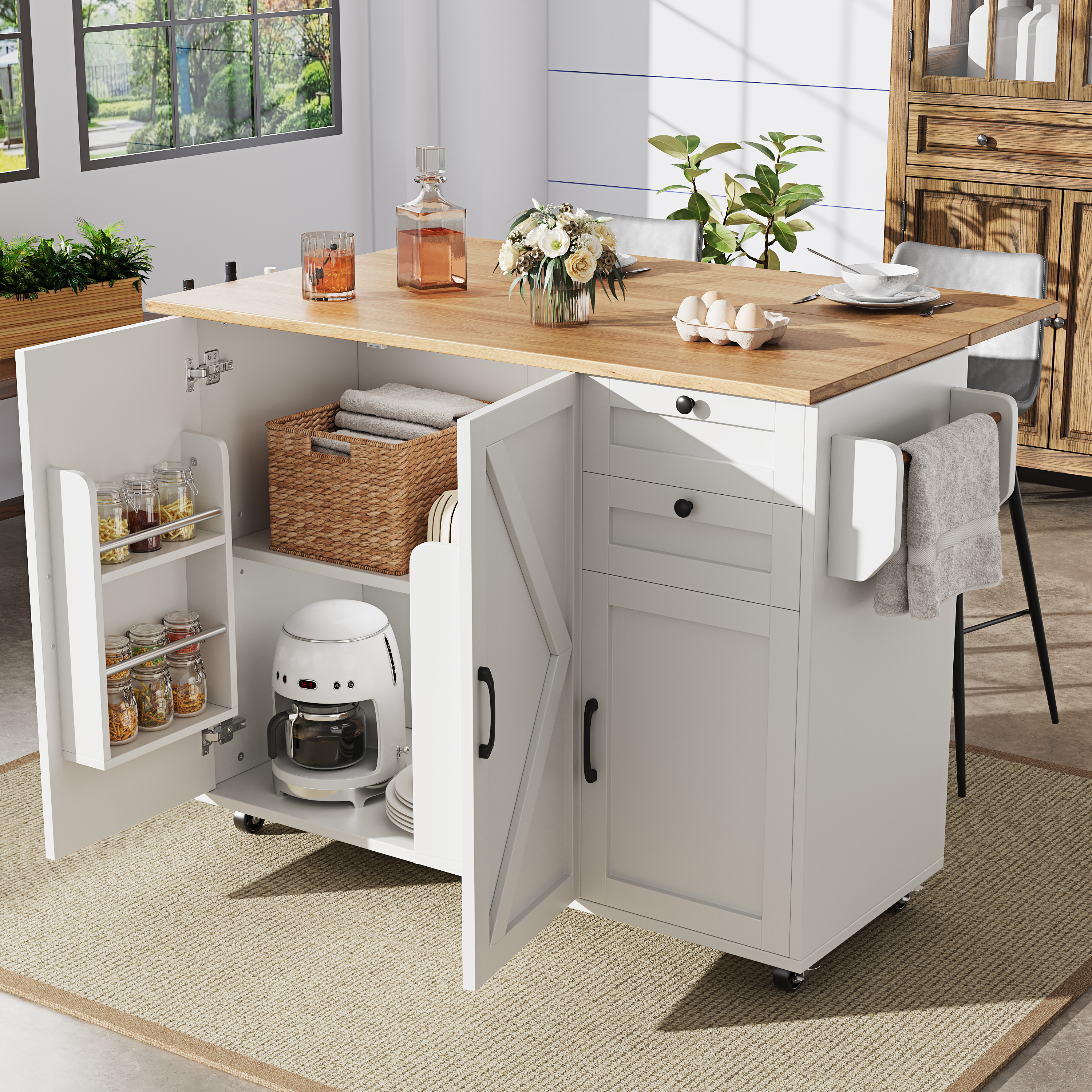 Modern Kitchen Island, Kitchen Cabinet, Buffet Cabinet, Wooden Grain Dining Cart, Buffet Cabinet, Multifunctional Dining Table With Storage Space, Dining Cart With Snack Shelves, White