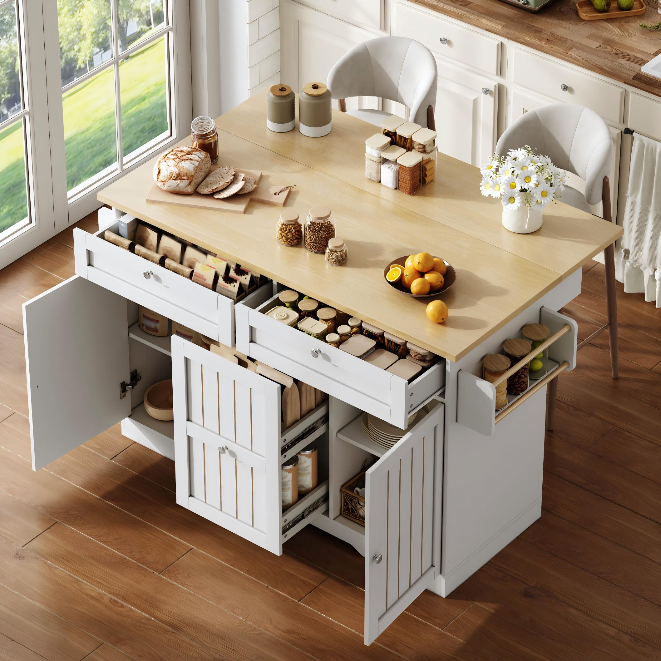 Mobile Kitchen Island With Folding Worktop, Serving Trolley And Storage Cabinet, With 2-tier Vertical Drawers, 2 Large Drawers And Lockable Casters, 120 X45x92 Cm.