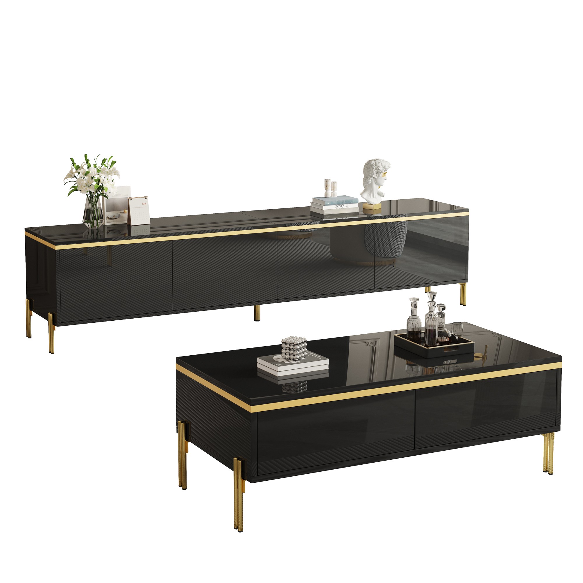 Modern Luxury TV Cabinet And Coffee Table Set , High-gloss Surface In Solid Colour , Golden Edges , Generous Storage Space