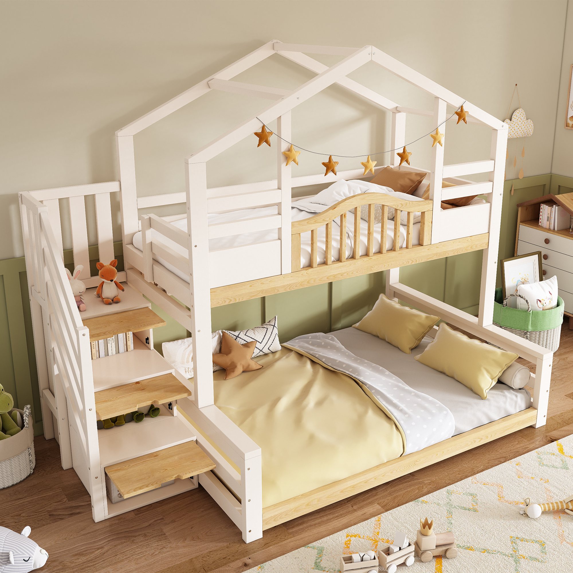 Bunk Bed, Children's House Bed, White & Natural Wood Look, 90x200 Top, 140x200 Bottom, With Stair Cupboard, Storage Space, Shelves, Safe Ascent, Ideal As A Family Bed & Sibling Bed Without Mattress