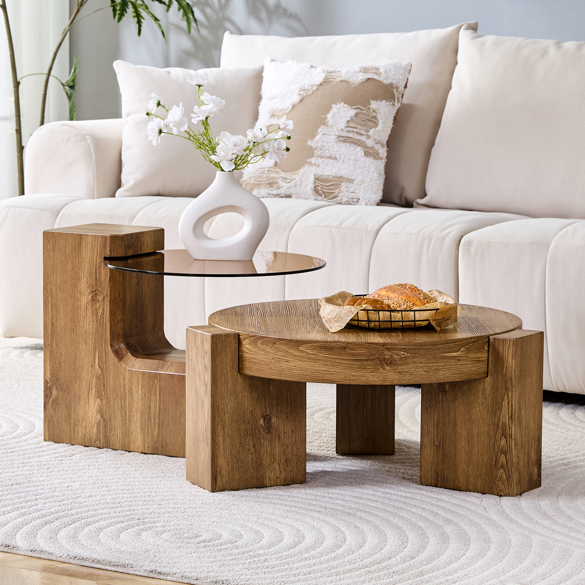 Separable Coffee Table Set  MDF Wood Look - 0.6 Cm Brown Tinted Safety Glass -combined As A Coffee Table   Divided As Two Side Tables, Adaptable To Di