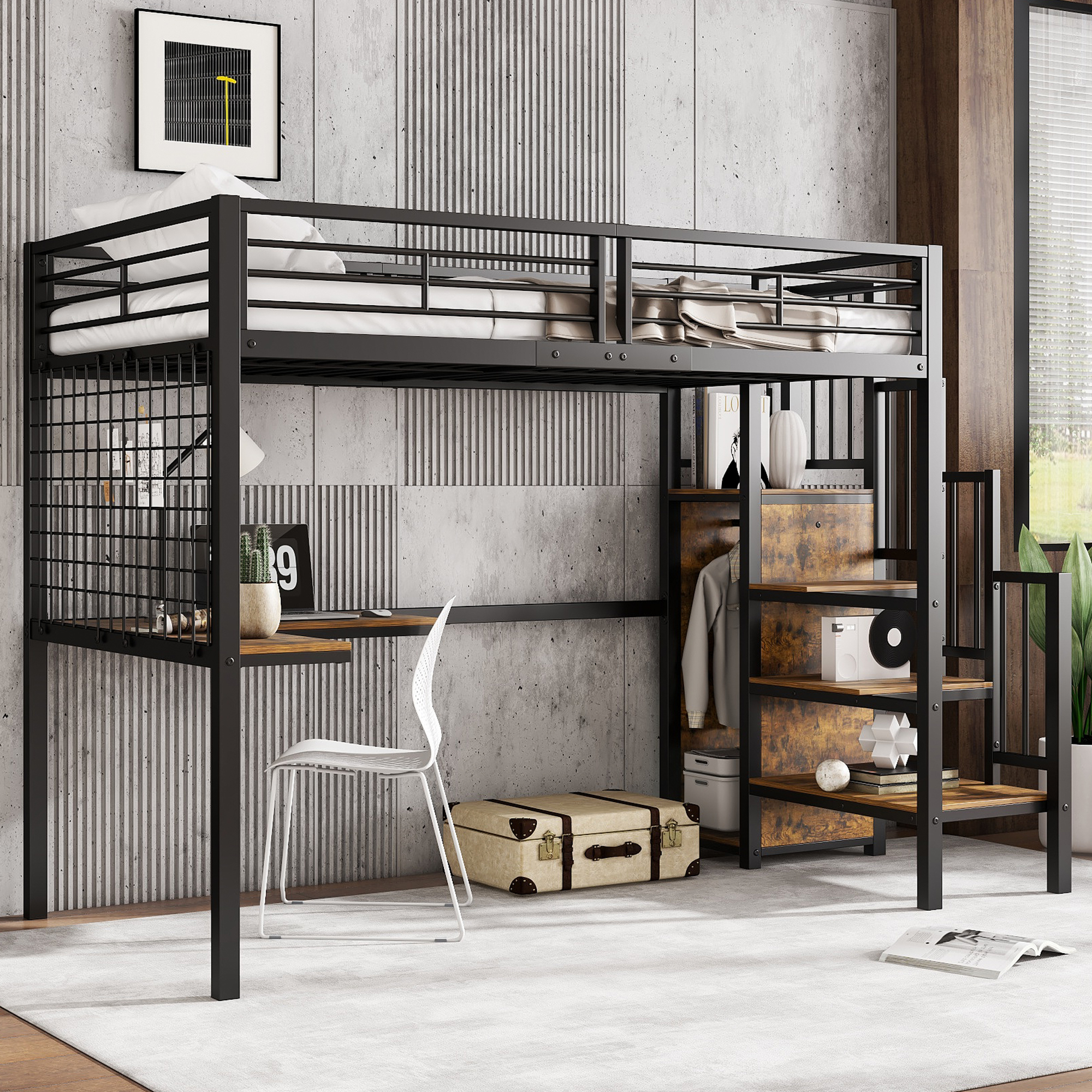 32552890SAA Iron Bed, Bunk Bed, Loft Bed, Suitable For Children And Teenagers, With Table And Wardrobe, Side Ladder With Handrail, Iron Particleboard, Black Dark Wood Colour, 90x200cm
