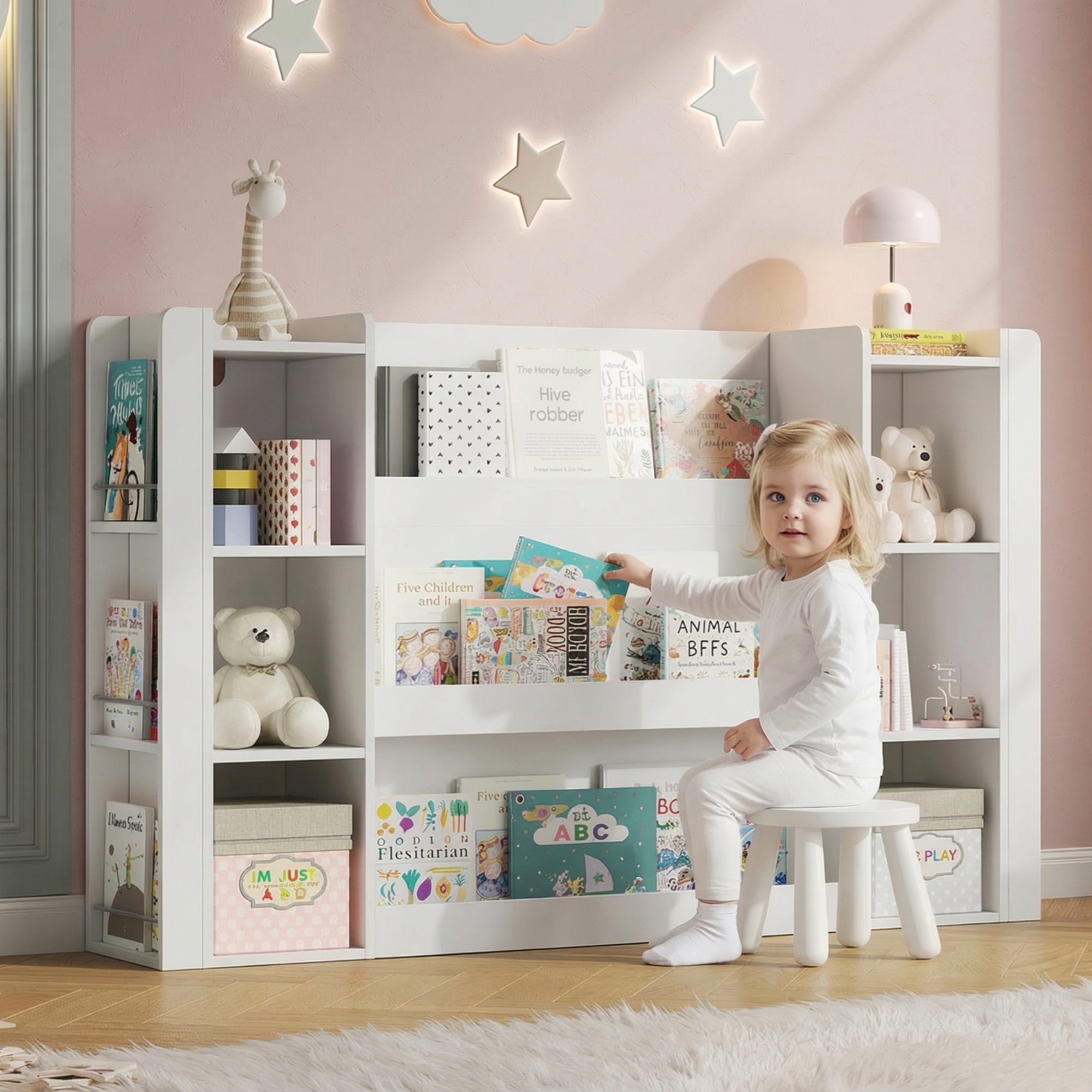 Children's Shelf, Picture Book Shelf With Storage Space, Children's Cabinet & Children's Bookcase, Wooden Furniture For Children's Rooms, White, 140 X 30 X 95 Cm