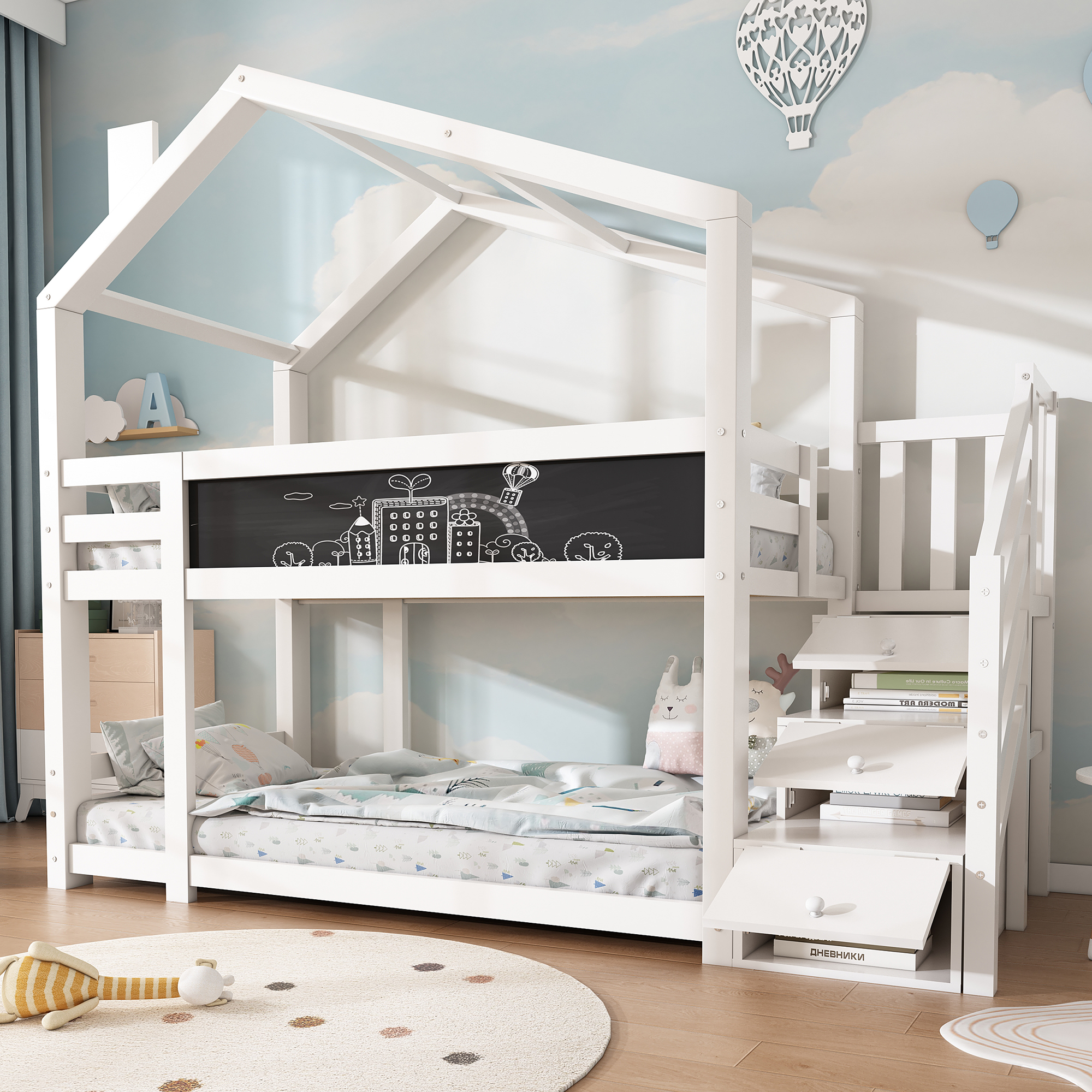 891234AAW Children's Bed Tree House 90 X 200 Cm, Bunk Bed For Children With Chimney &storage And Fall-out Protection, White, Incl. Blackboard  2x Slatted Frame  Without Mattress
