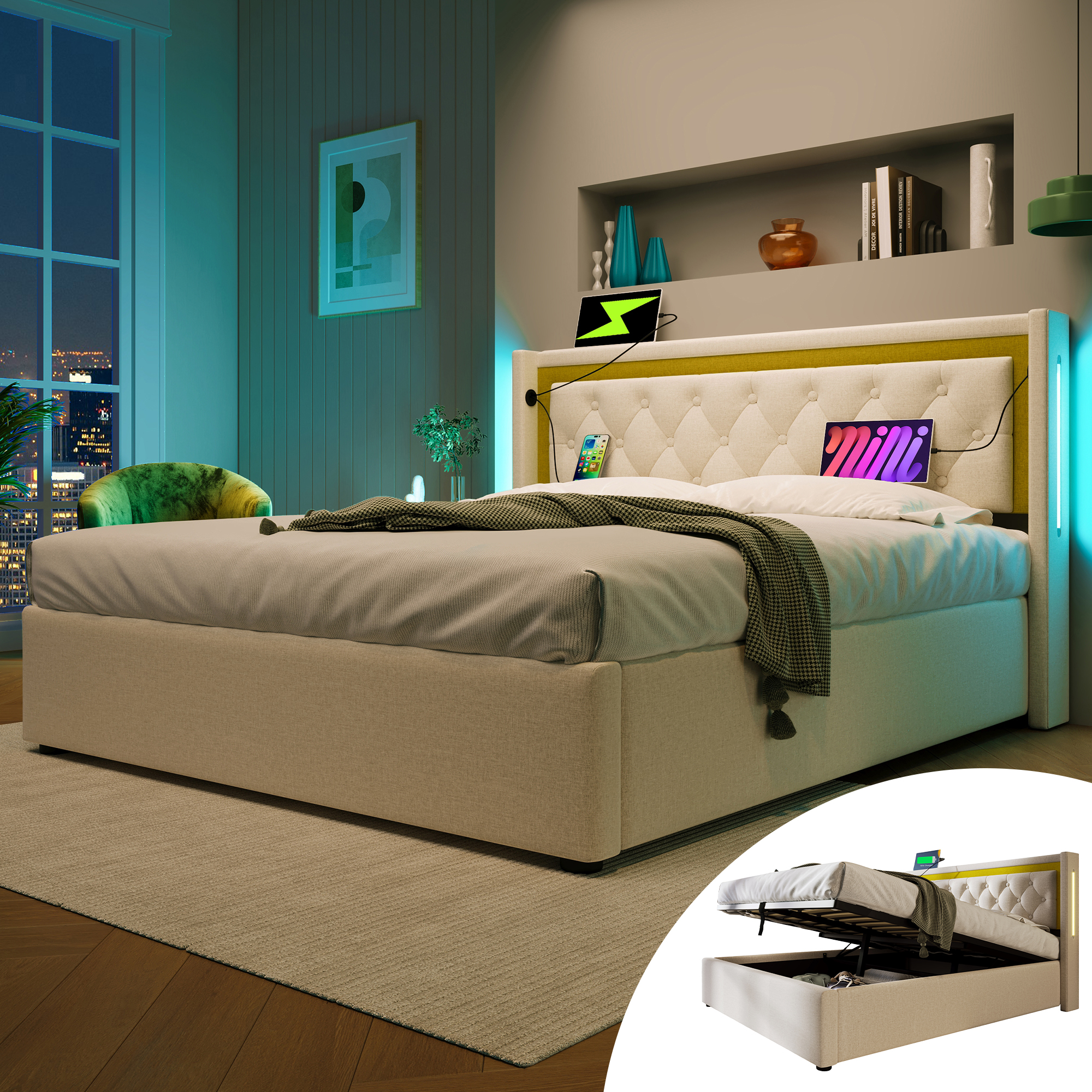 Upholstered Bed LED Double Bed Storage Bed Box With USB Type C Charging Function Headboard,Storage Beds Bed Frame Made Of Cotton Youth Bed 140x200 With Slatted Base  Without Mattress