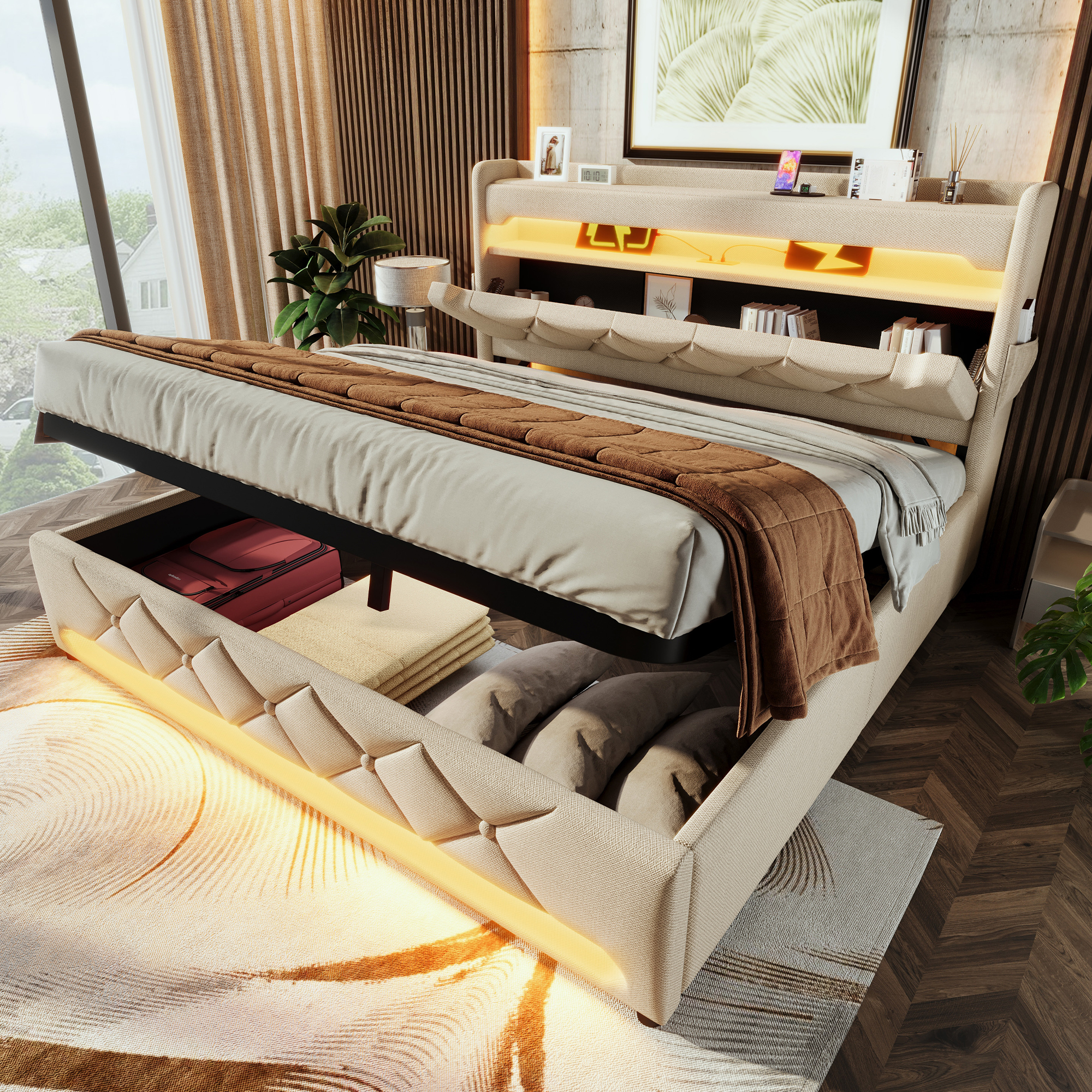 Upholstered Bed Double Bed 180x200, Storage Headboard With USB And Type C Port ,360 Surround LED Function Around The Head And Foot End Of The, Beds With Hydraulic Storage, Beige , Linen Without Mattre