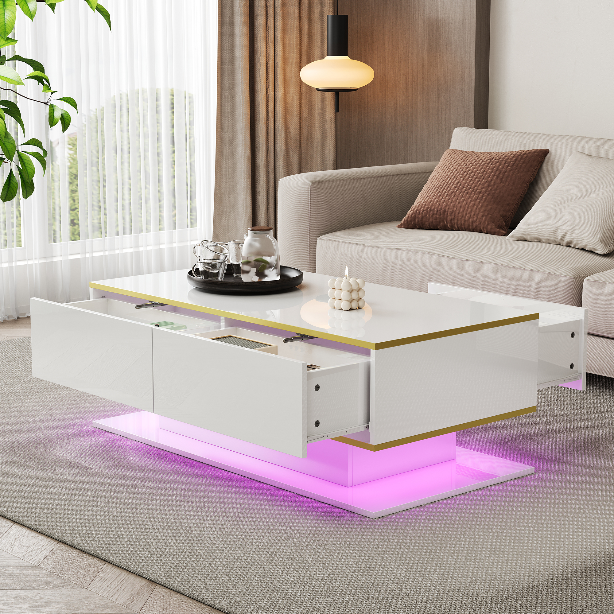 Modern LED Coffee Table With High Gloss, 100 Cm Long, Gold Decoration, 3 Drawers & USB LED Light Strip Adapter Power Bank Required 4