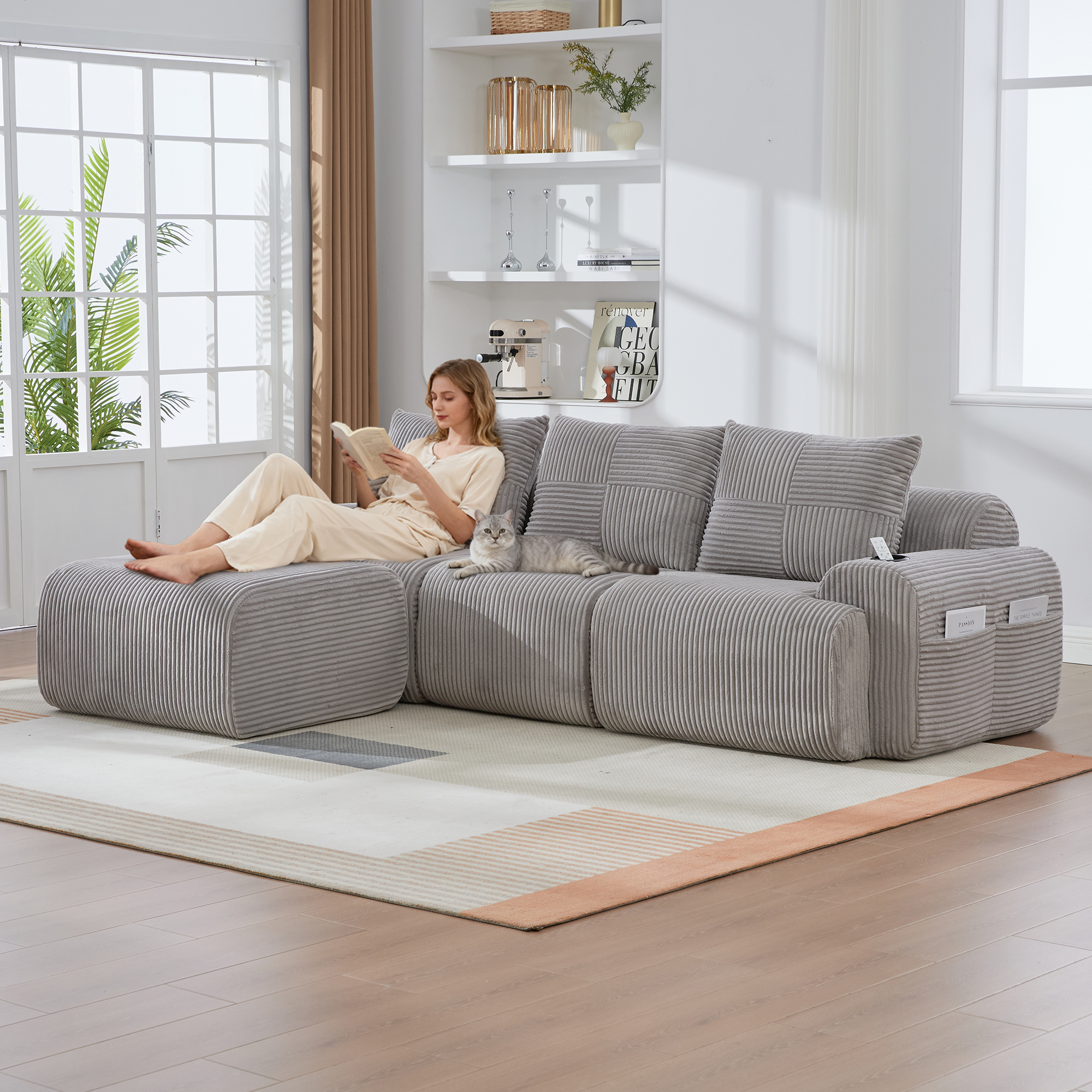 Modular Corduroy Sofa For 3 People  With Stools , Freely Combinable, Including Cup Holder And Side Storage Bag, Ideal For Living Room, Family Room And