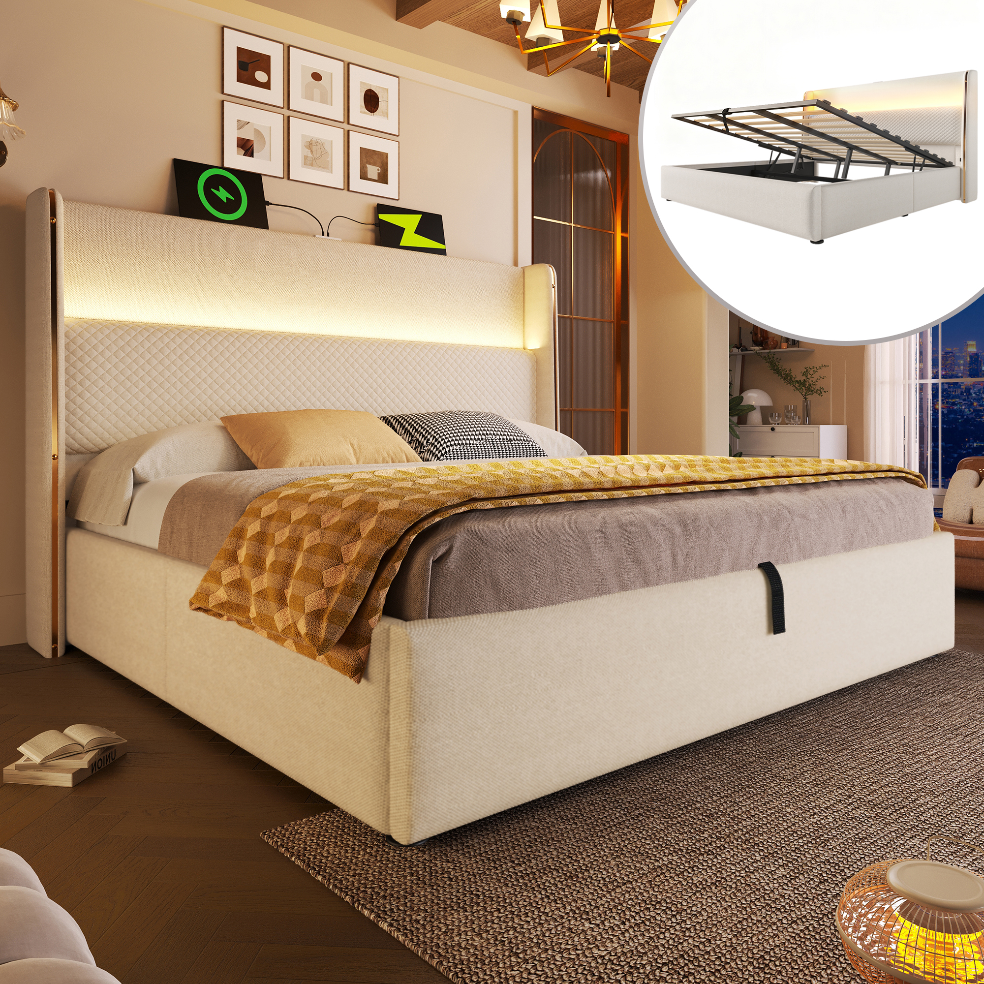 Modern Hydraulic Bed With High Headboard, 180x200cm Double Bed With LED Lighting, Storage Space & USB Type-C Ports, In Linen Look Beige  Without Mattress