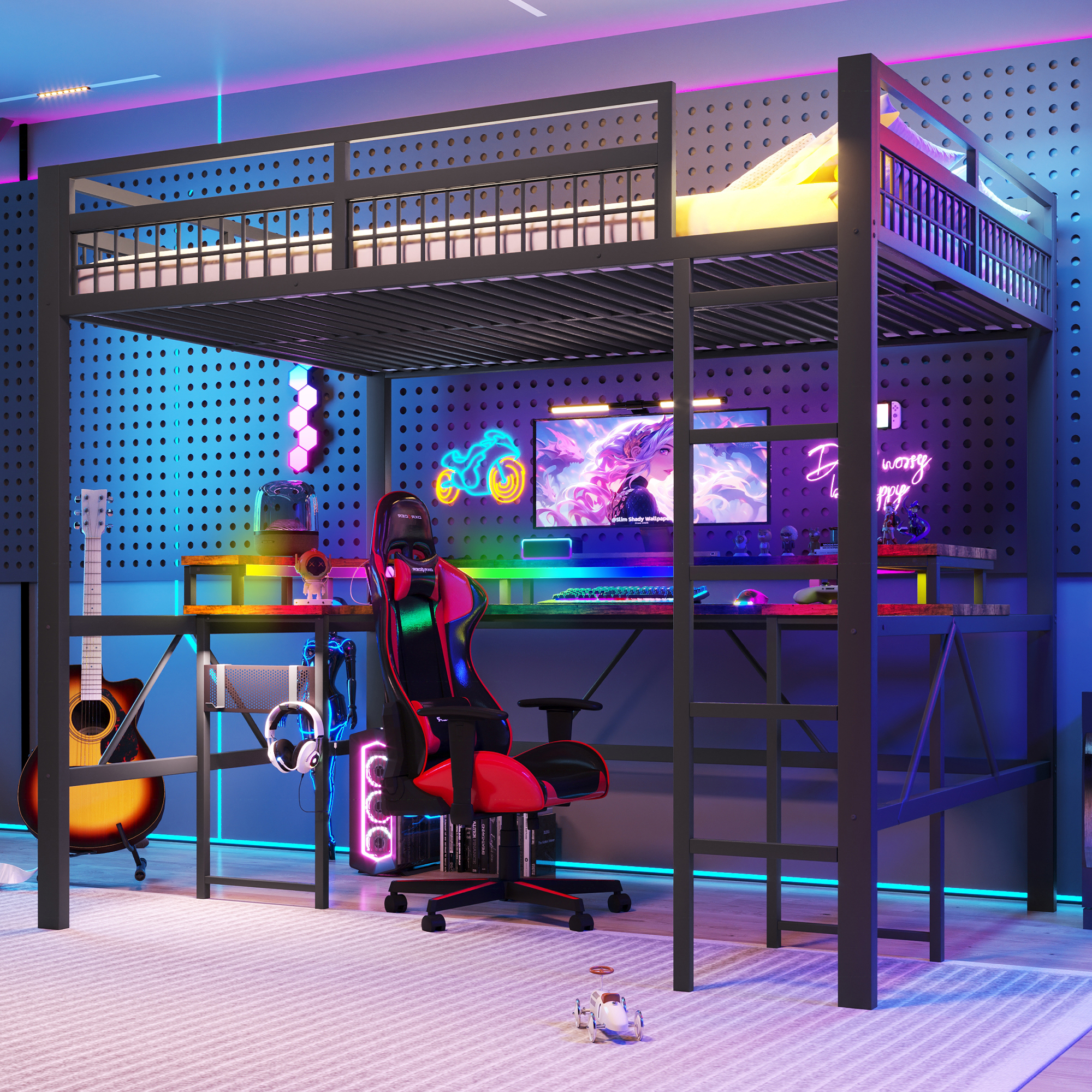 Loft Bed, 140 X 200 Cm, Iron Frame, With Colour-changing LED Light Strip, With Desk, 1 USB Port  1 Type-C Port And 2 Sockets, With Perforated Wall, Wi