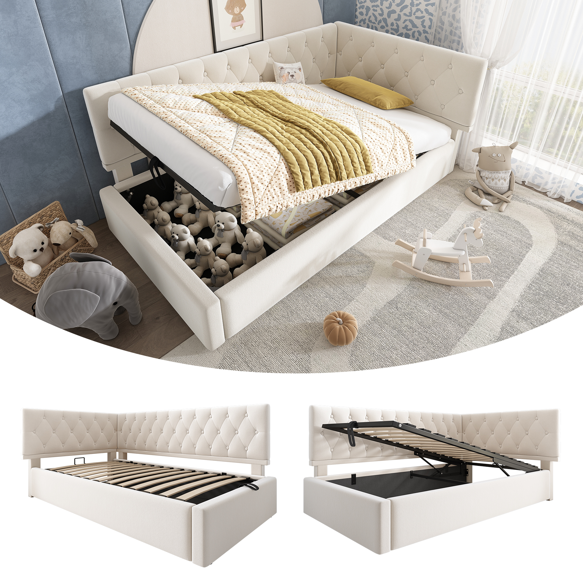 Upholstered Bed Daybed Daybed 90x190cm, Sofa Bed With Hydraulic Storage, Cot Youth Bed Frame With Slatted Base In Wood, Velvet, Beige, Without Mattress.
