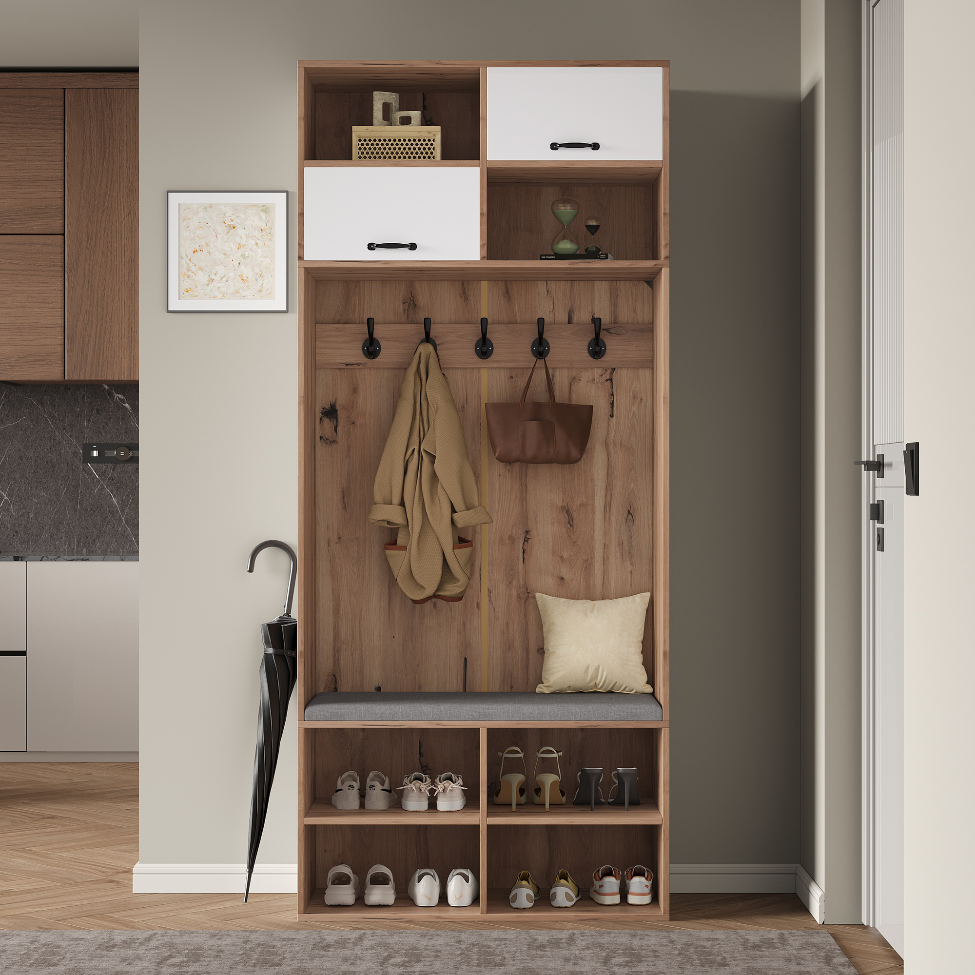 Wardrobe Set, Complete Set Hallway Coat Rack With Bench, 5 Hooks, 2 Doors & 6 Open Storage Room - Natural Wood Colour And White, 80x185x35 Cm  WxHxD