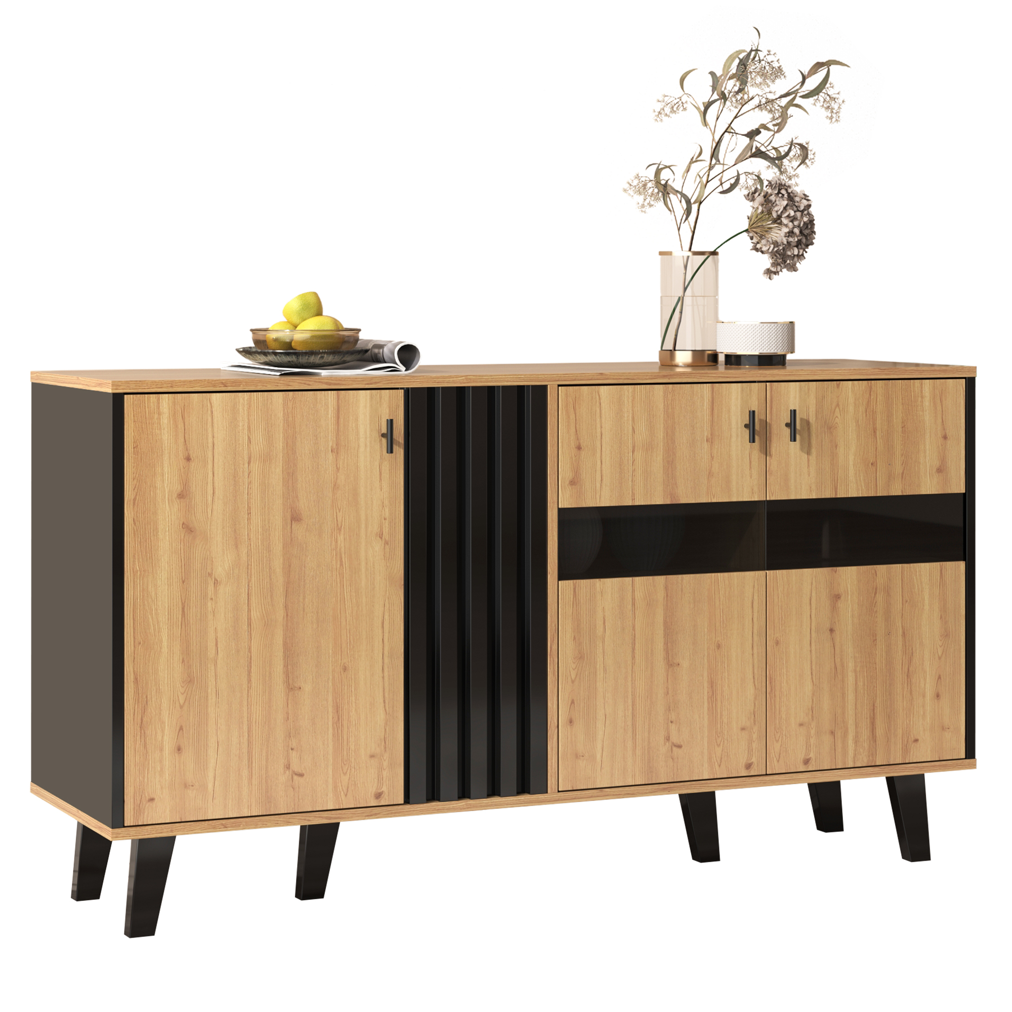 140 X 78.5 X 41 Cm Sideboard, Color-coordinated Design Sideboard Made Of Wood And Black With Storage Space, Cabinet With LED Light And Glass, Versatile.  OLD SKU WF313227228SAA