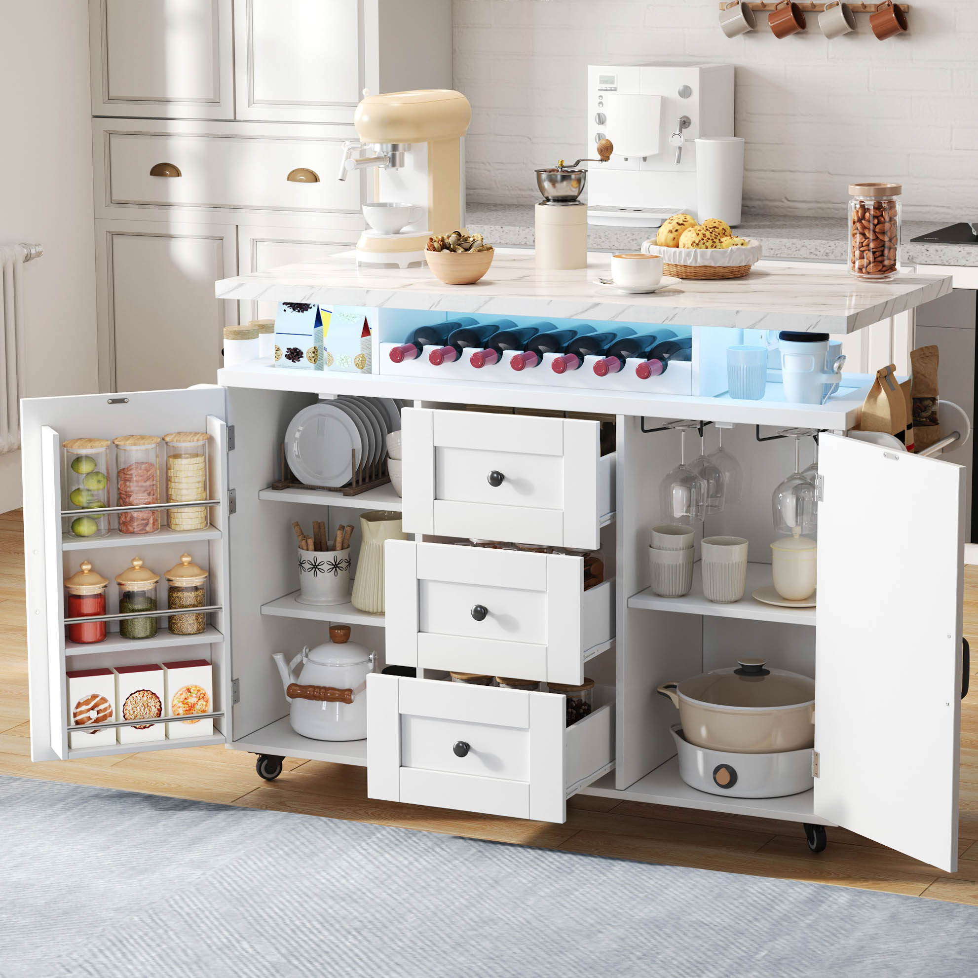 Mobile Kitchen Island With Folding Worktop, Kitchen Trolley, 5 Wheels, Door Shelf, Wine Rack And Glass Holder, 120x42x93cm 2