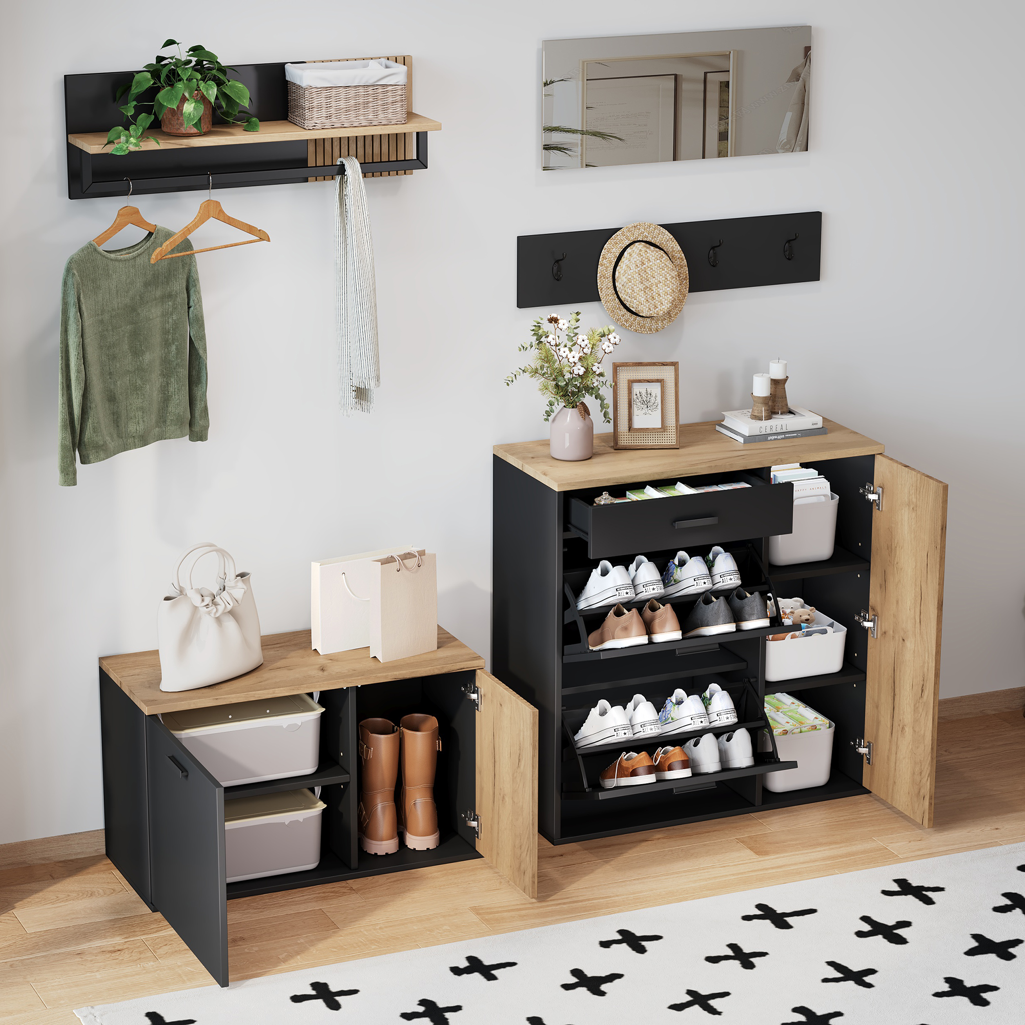 Wardrobe Set, Wardrobe, Chest Of Drawers, Mirror, 2 Shoe Cabinets, Without Decoration, Wardrobe Panel With Mirror, Parcel Shelf And 4 Hooks, Shoe Cabinet With Shoe Bench, Hallway With Storage Partitio