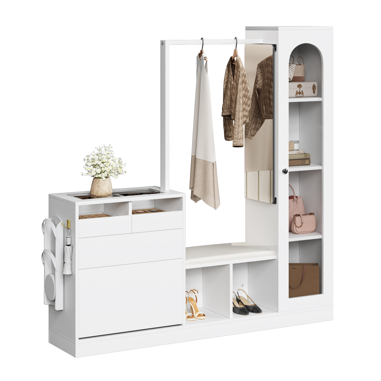 6-in-1 Entrance Combination, Wardrobe Set, Dressing Table With Clothes Rail, Shoe Bench And Folding Shoe Cabinet, Glass Cabinet, With Color-changing LED Light