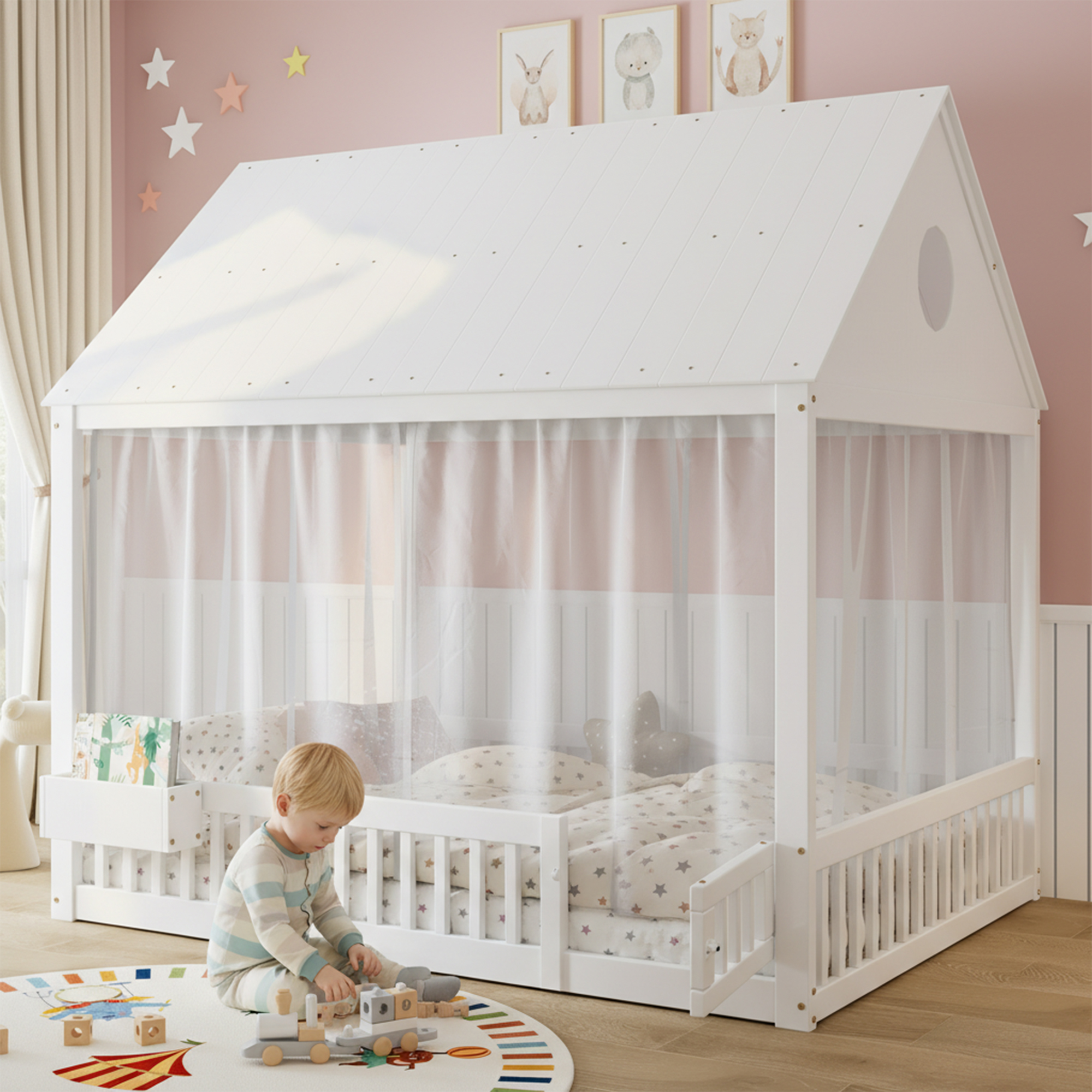 Single Bed, Cot, Filigree Window And Roof Details, With Decorative White Curtain Shades And A Small Storage Compartment, Pine MDF Plywood, White, 140x200cm
