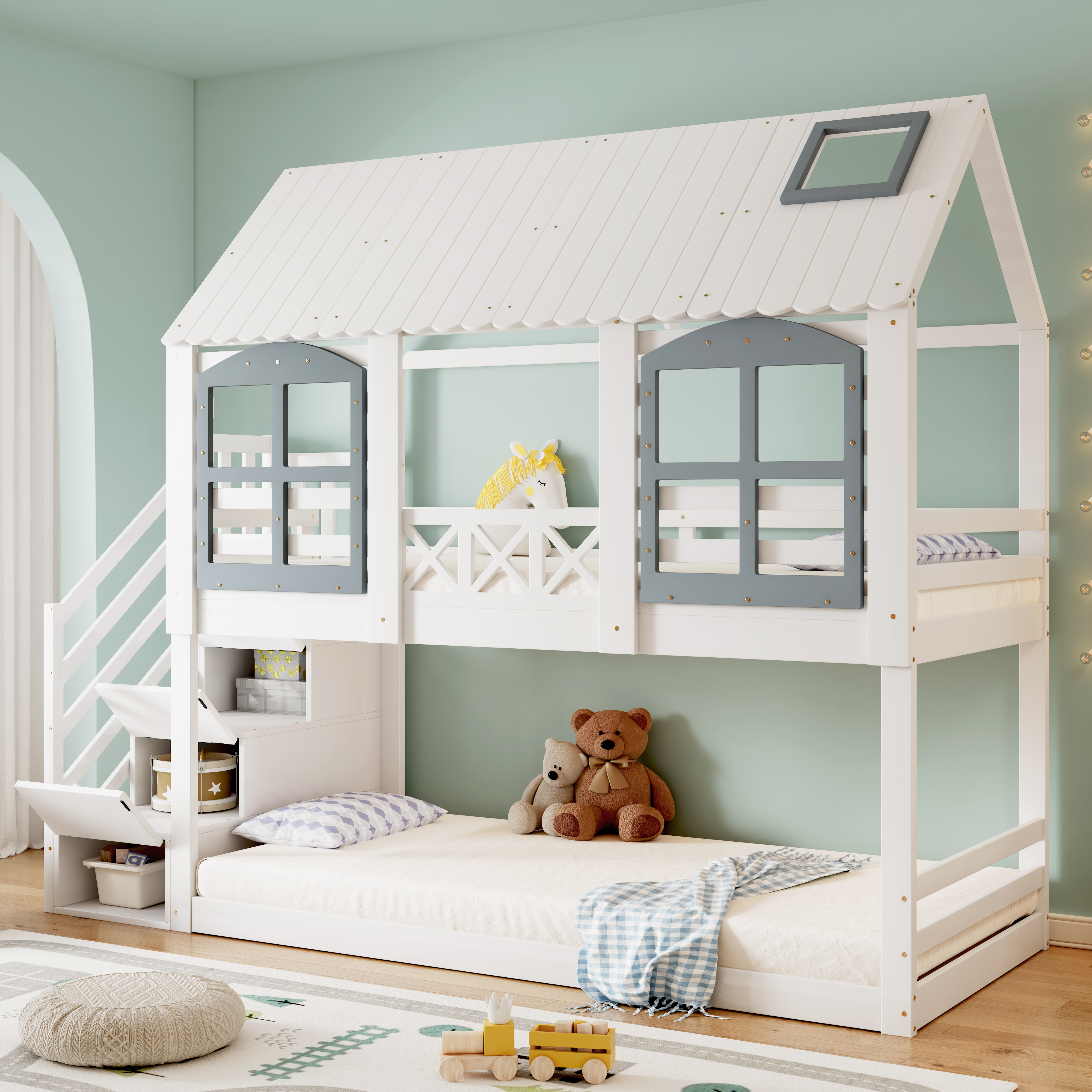 Bunk Bed, Cot, Cot With Roof And Window, With Fall Protection Gate, With 3 Lockers In The Stairs, Ample Storage Space, Pine MDF, White Grey, 90x200cm