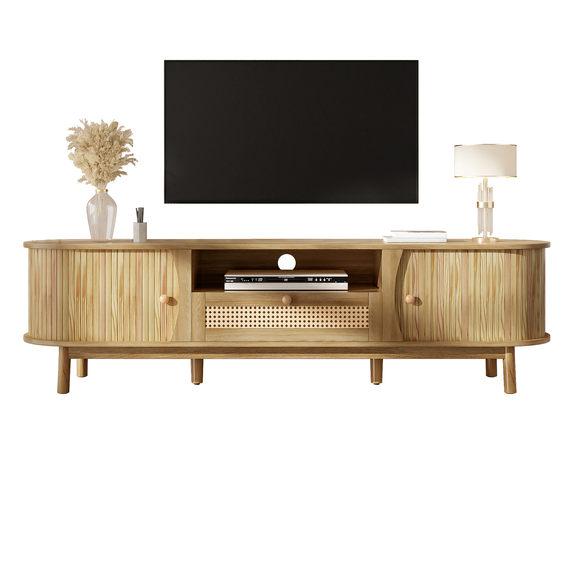 TV Cabinet With Doors And Drawers. Rattan TV Cabinet, Solid Wood Doors, Country-style Storage Solution - Low Front Panel.