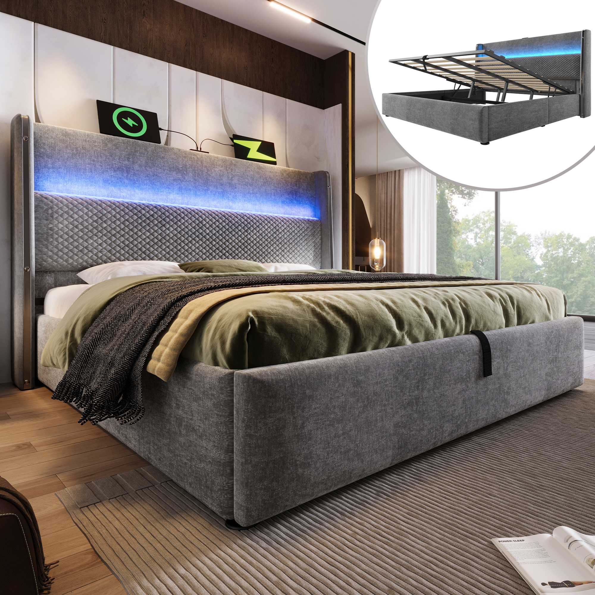 Modern Hydraulic Bed With High Headboard, 160x200cm Double Bed With LED Lighting, Storage Space & USB Type-C Ports, In Linen Look Grey  Without Mattress