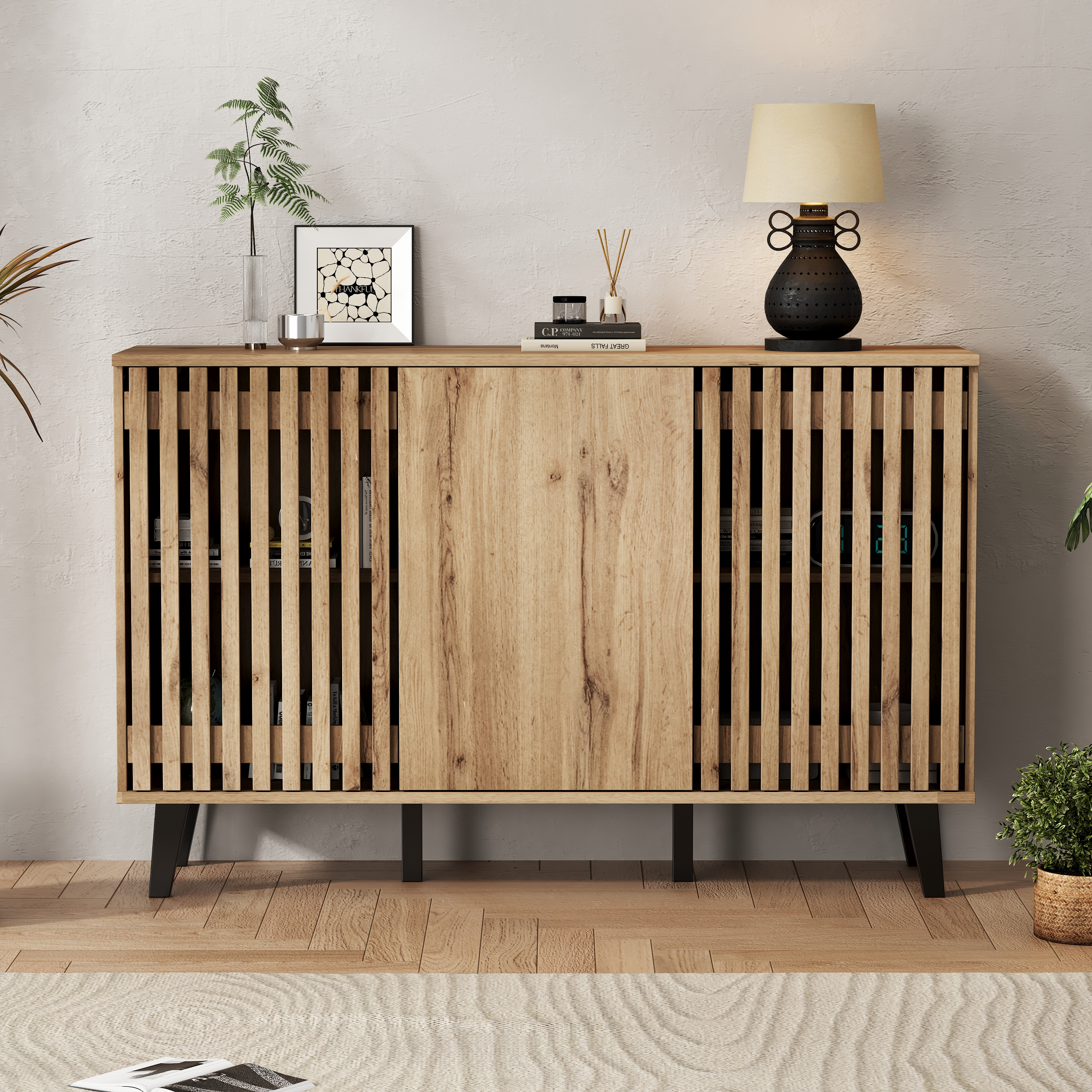 150x40x95cm Side Cabinet, Living Room Side Table, Sideboard, 3-door Wide Cabinet, 6 Divided Storage Compartments. Suitable For Living Room, Bedroom, Office And Entrance Area