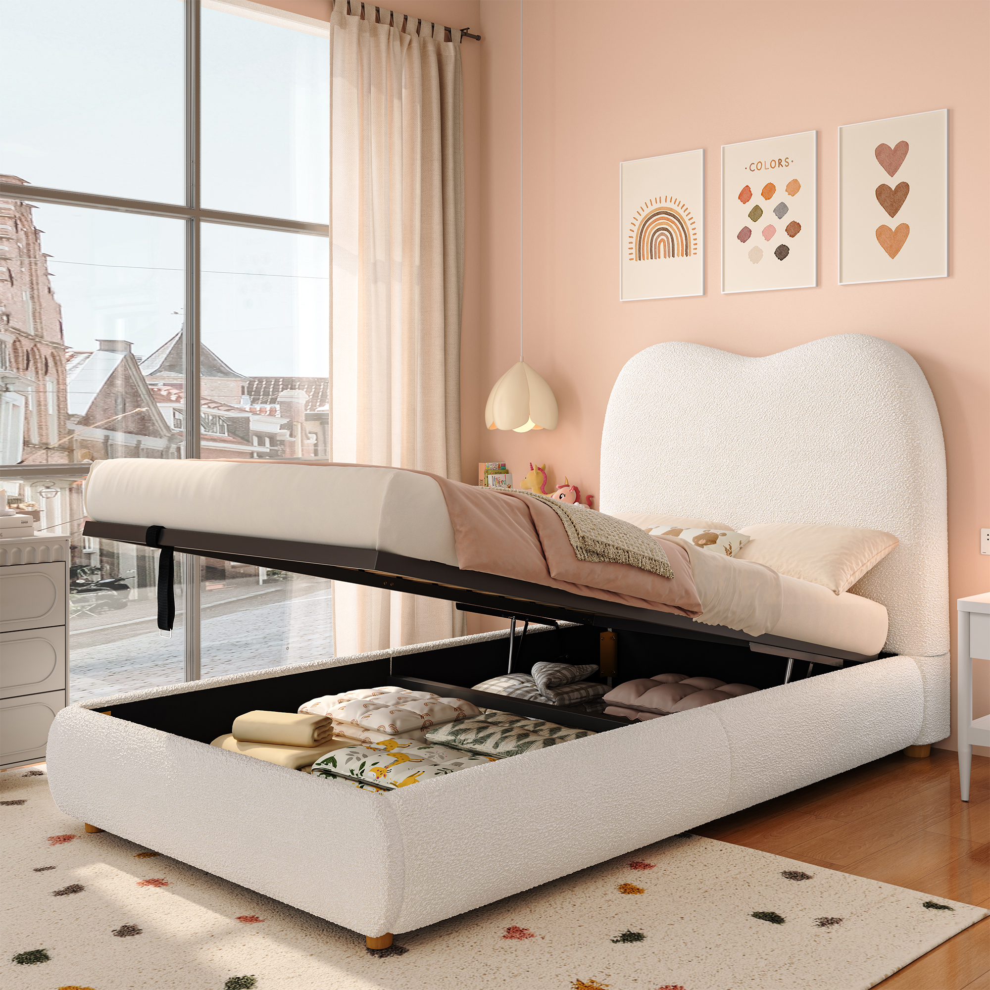 Upholstered Bed, Single Bed, Cot 90 X 200cm, Hydraulic Functional Bed, Bed With Slatted Base, Headboard And Large Storage Space, Upholstered Headboard, Boucle, Beige