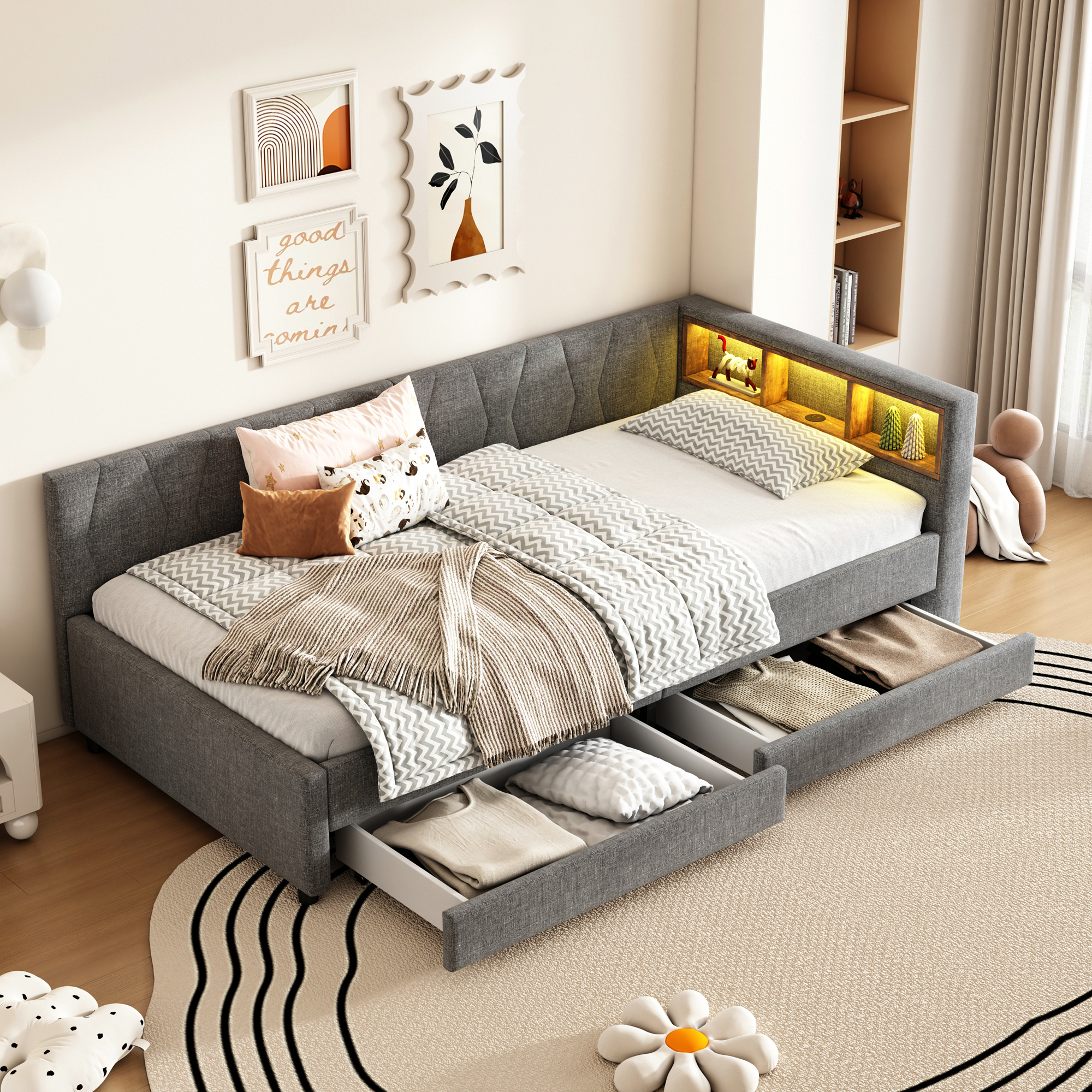 Daybed, 90x200cm, Daybed, Sofa Bed, Storage Compartment By The Bed, USB Type C, , Bed With Two Drawers, Bed With Slatted Base  Without Mattress , Linen, Grey