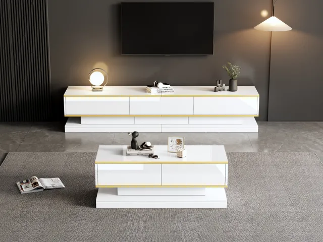 TV-Möbel & Couchtisch Set Weiß Hochglanz