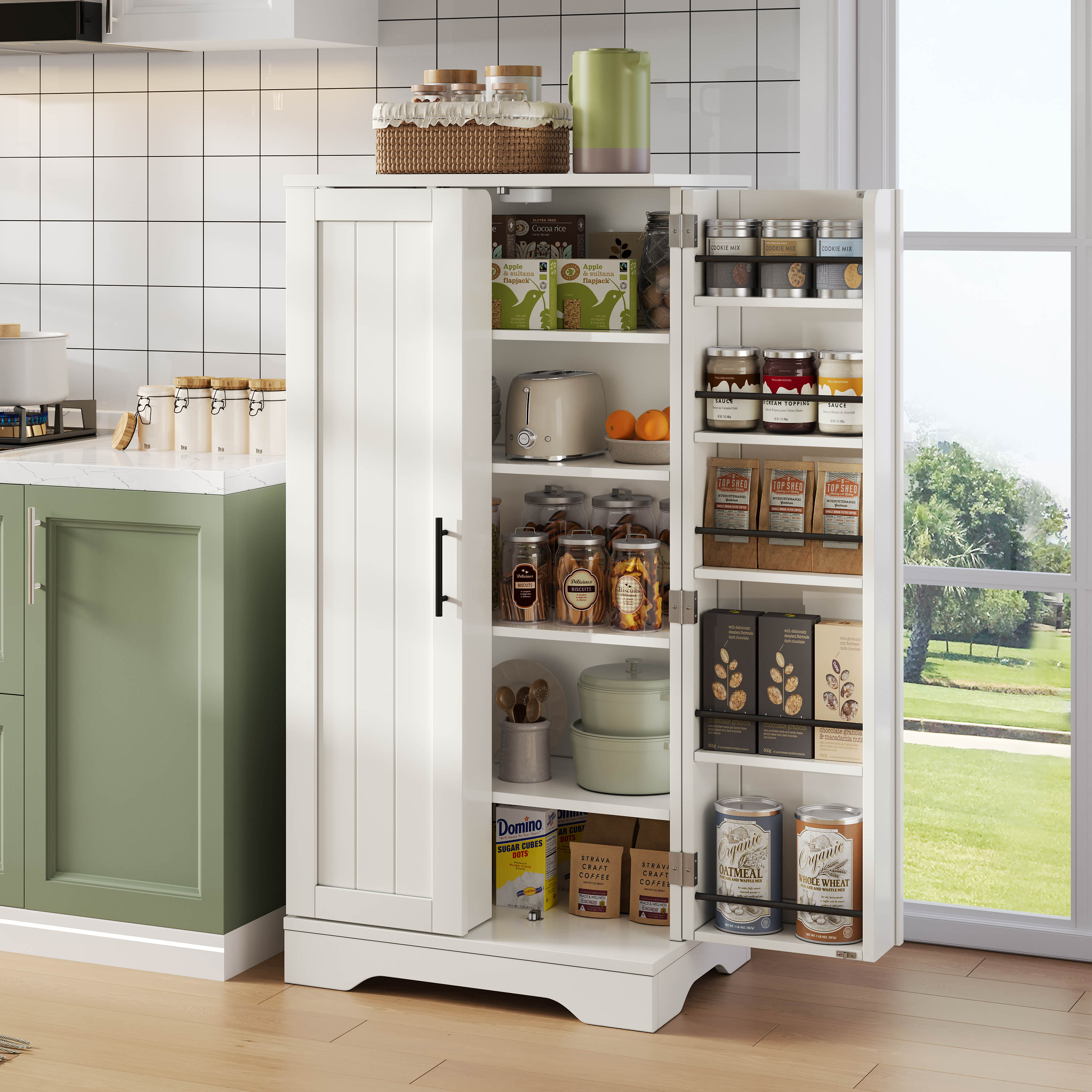 120x60x40xcm Kitchen Cabinet With LED Sensor Light, Large 2-door Storage Cabinet With Adjustable Shelves & Door Shelves  Suitable For Kitchen, Dining Room Or Living Room, White