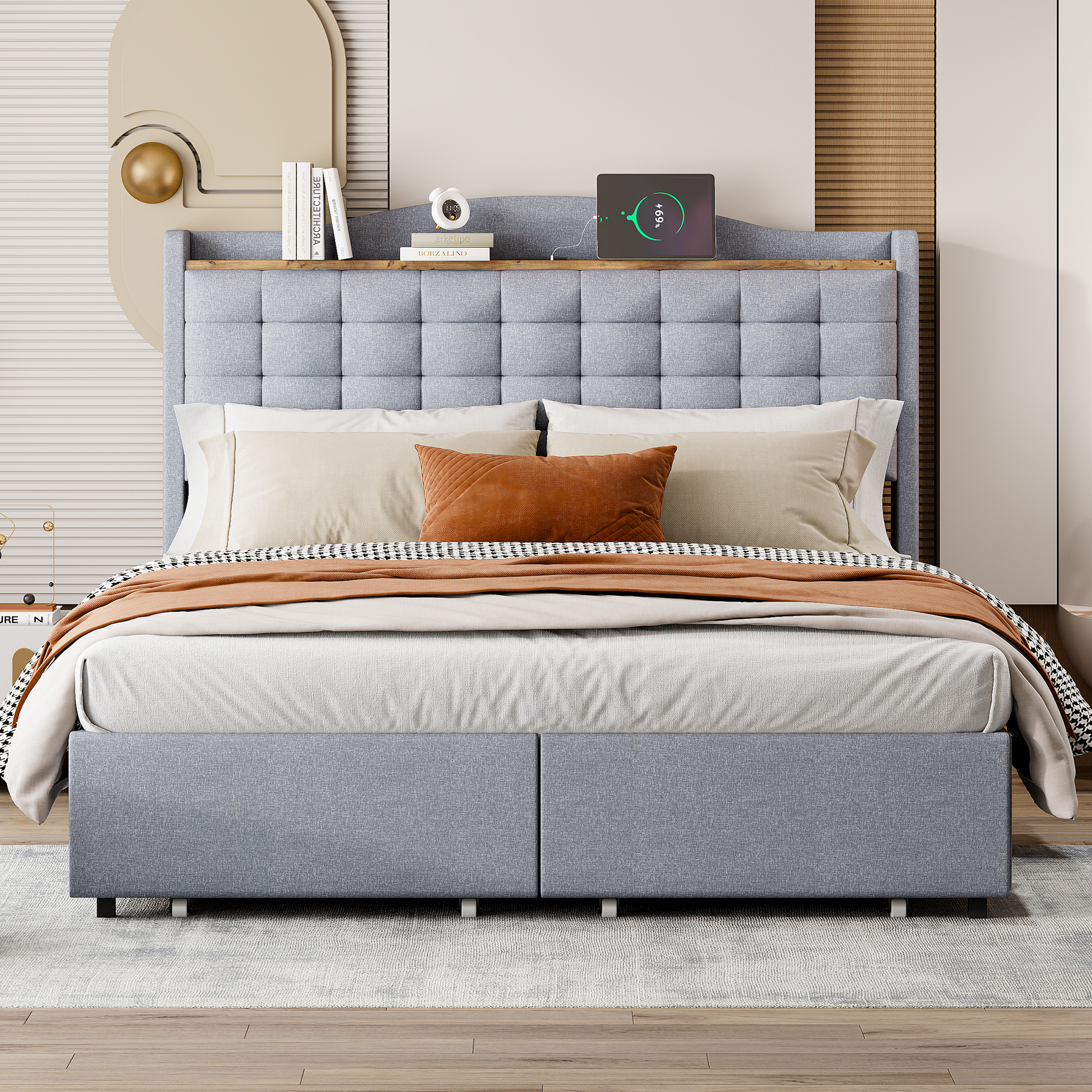 Upholstered Bed 140x200 Cm, Bedside Table With USB Charging Port And Shelf, Double Flat Bed With 4 Drawers, Linen Fabric Grey 5