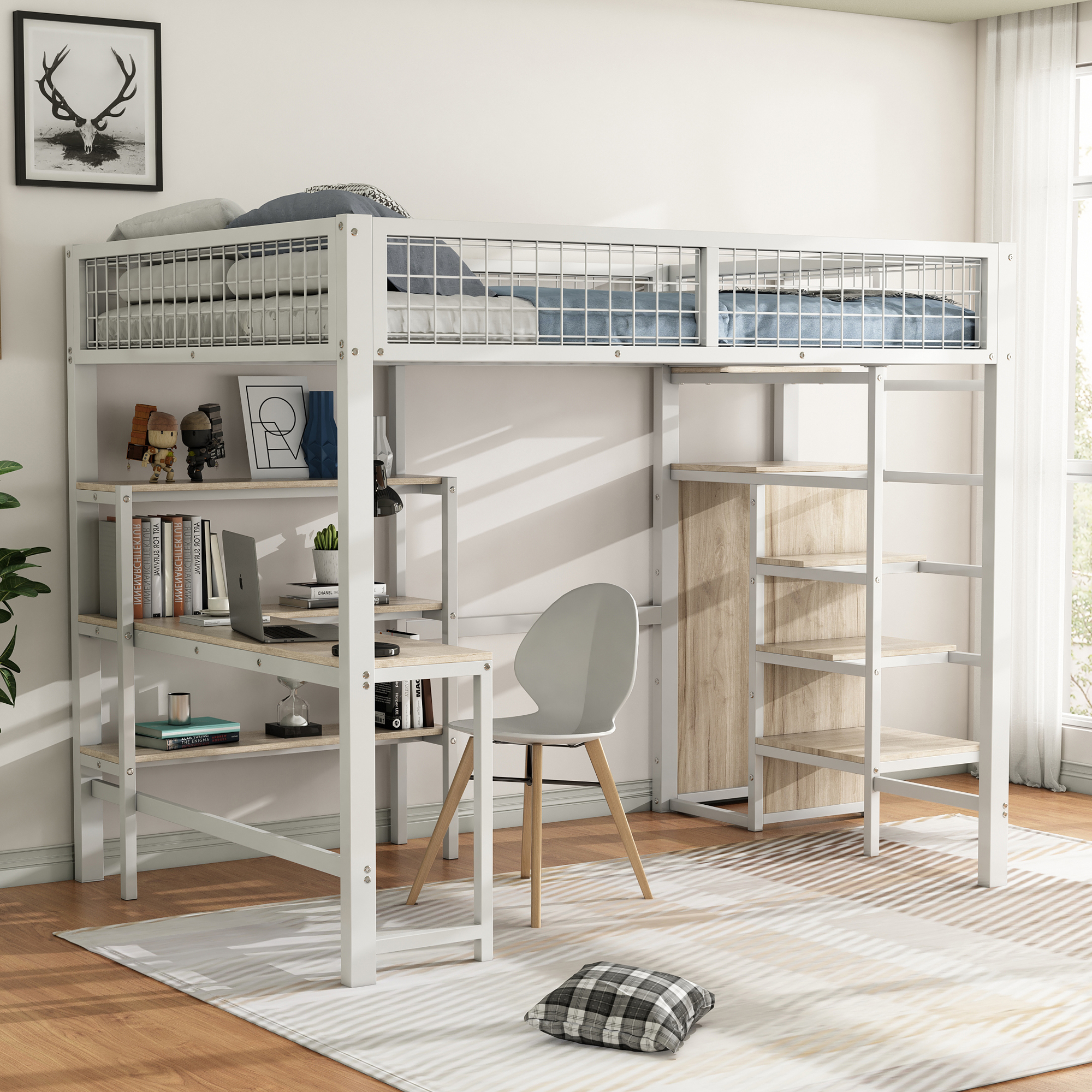 Loft Bed, 140x200 Cm, Iron Bed, Storage Ladder, Several Shelves, Without Mattress, Built-in Wardrobe, Desk, White