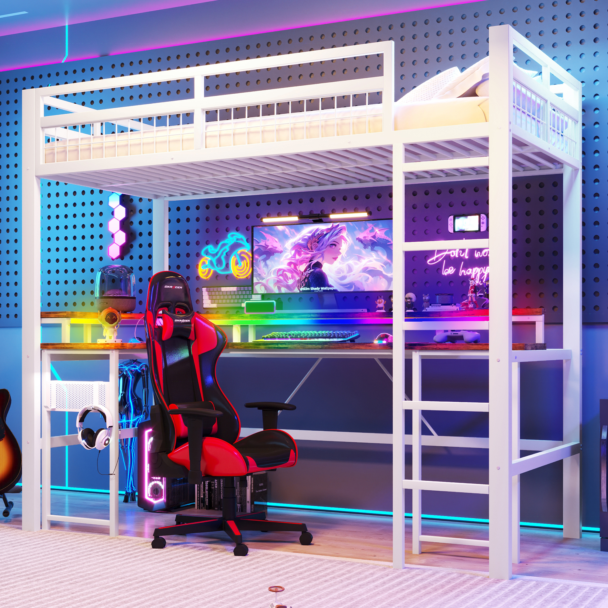 Loft Bed, 90 X 200 Cm, Iron Frame, With Colour-changing LED Light Strip, With Desk, 1 USB Port  1 Type-C Port And 2 Sockets, With Perforated Wall, Wit