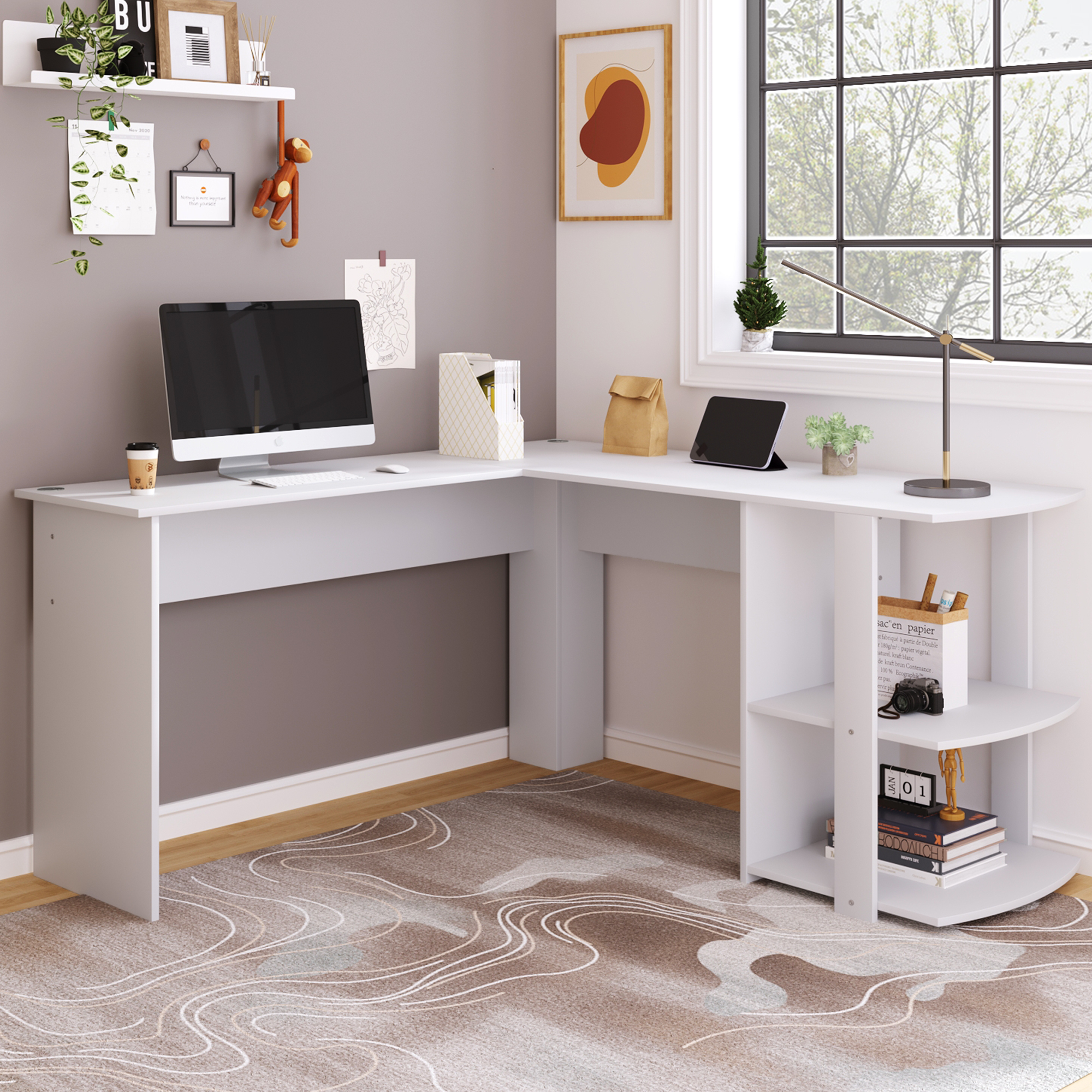 Wf314182aaa Corner Desk 140 CM Computer Desk L-shaped Corner Desk With 2 Shelves, H75 W140 L140 CM White
