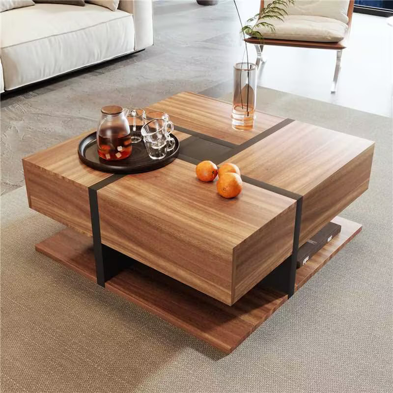 Coffee Table, Table With 4 Drawers, Unique Color Matching And Line Design, Storage Space At The Bottom. 78x78x36cm