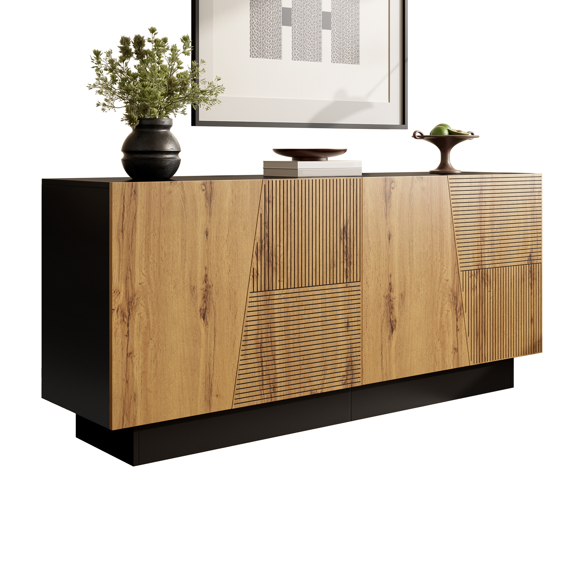 Modern Sideboard 160 Cm With Large Storage Space, Geometric Design And Adjustable Shelf  Storage Cabinet For Living Room, Dining Room & Hallway