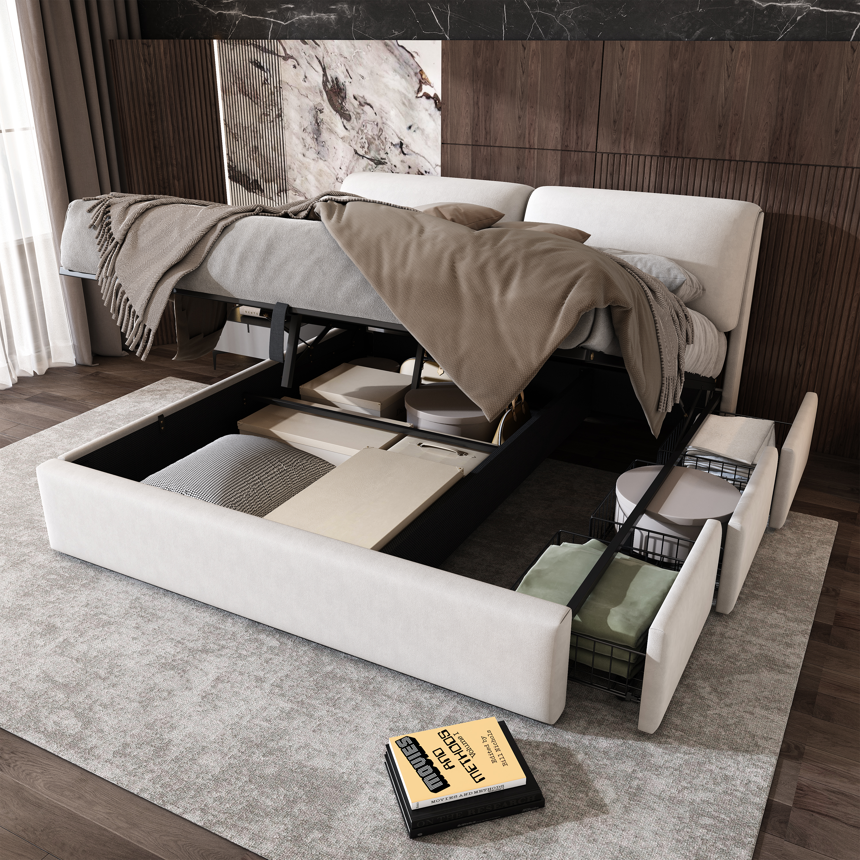 Upholstered Bed, 160x200, Hydraulic Bed, Three Drawers, Storage Storage Base, Slatted Base With Headboard, Without Mattress, Velvet, Beige