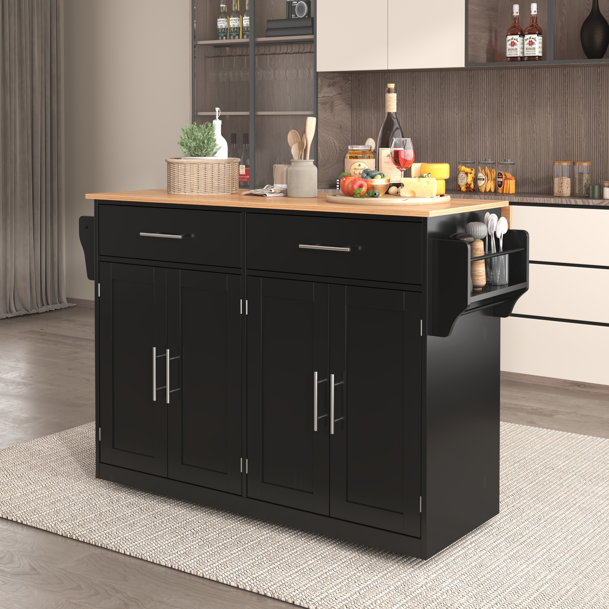 Serving Trolley With Folding Tabletop, 120x46 X91 Cm, Black, With Castors And Interchangeable Wooden Legs, Ideal For Kitchen And Dining Room 4