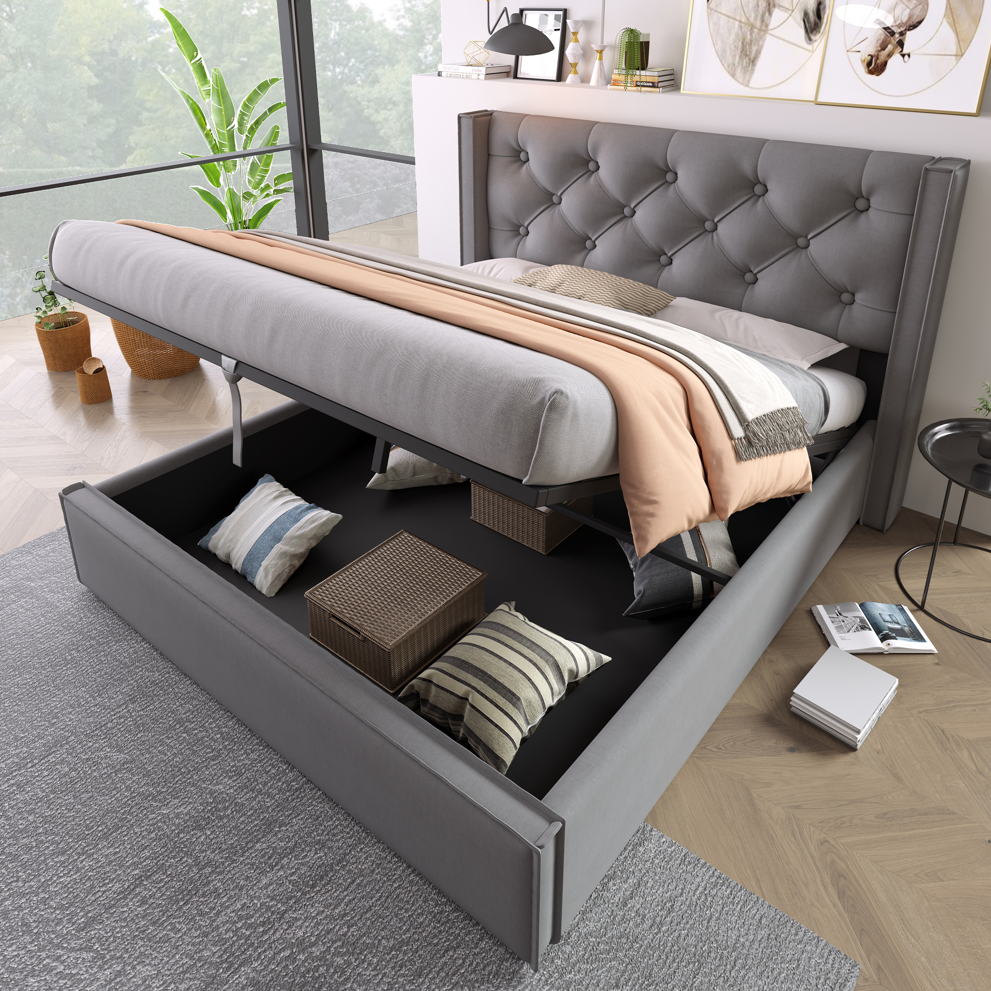 Hydraulic Double Bed Upholstered Bed 140x200cm,Bed With Metal Frame Slatted Frame, Modern Bed Frame With Storage Space, Cotton, Grey