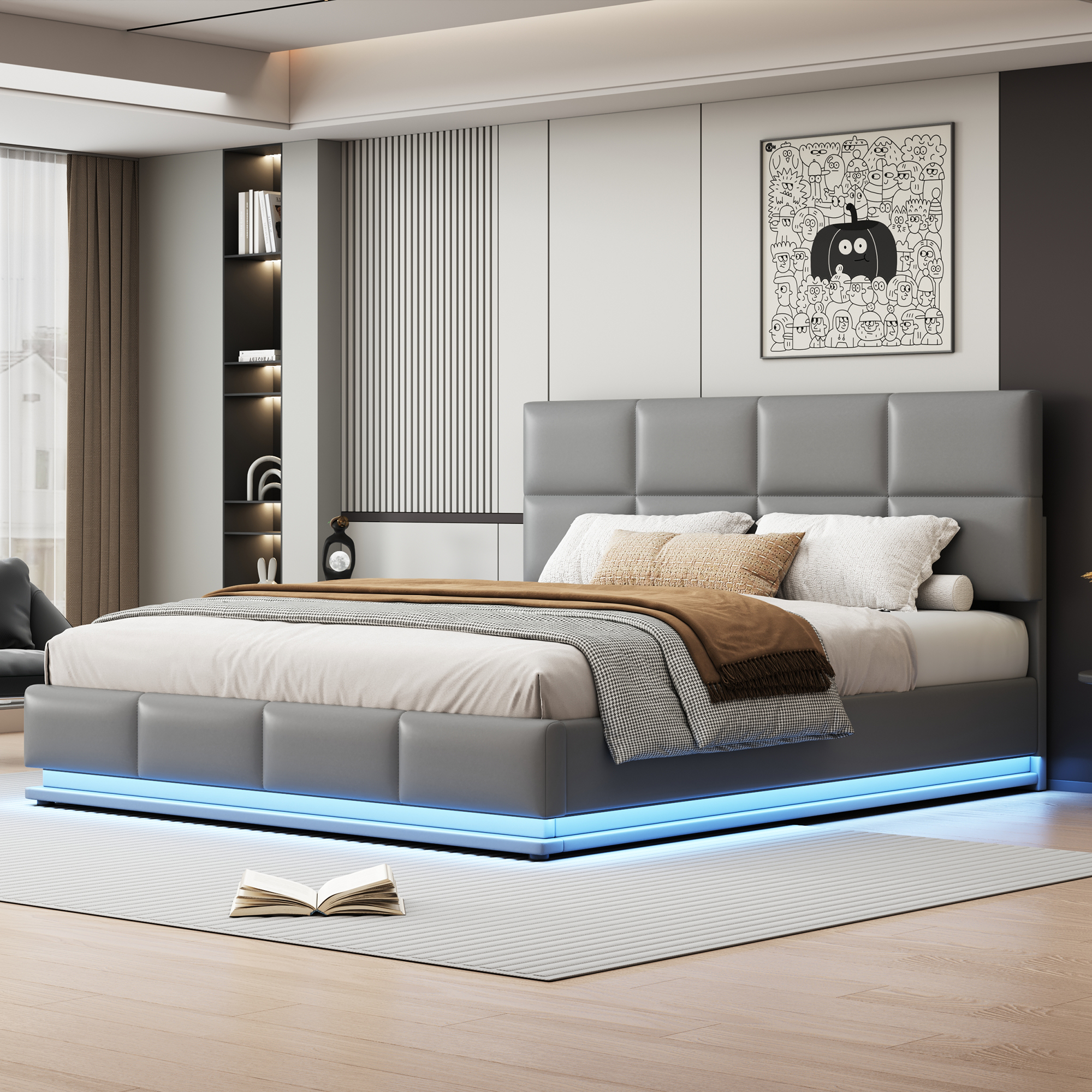 Upholstered Bed 180x200 Cm With LED Lighting & Hydraulically Liftable Bed Storage Space, Bed Base & Slatted Frame Cover Made Of  Leather Double Bed  Youth Bed Light Grey
