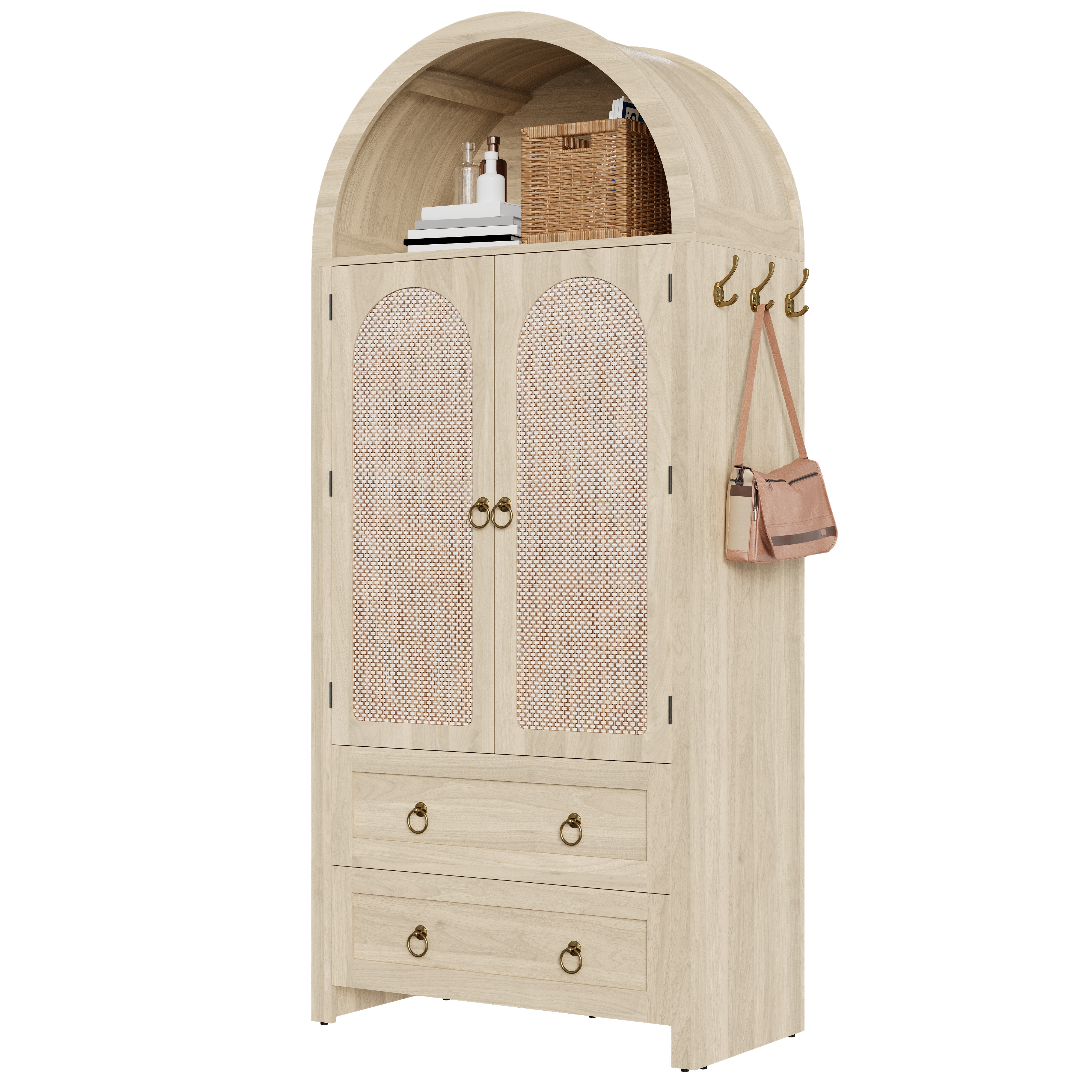 Wicker Bow Style Sideboard, , Double Drawers, Vintage Sideboard For Living Room And Bedroom, Storage Cabinet