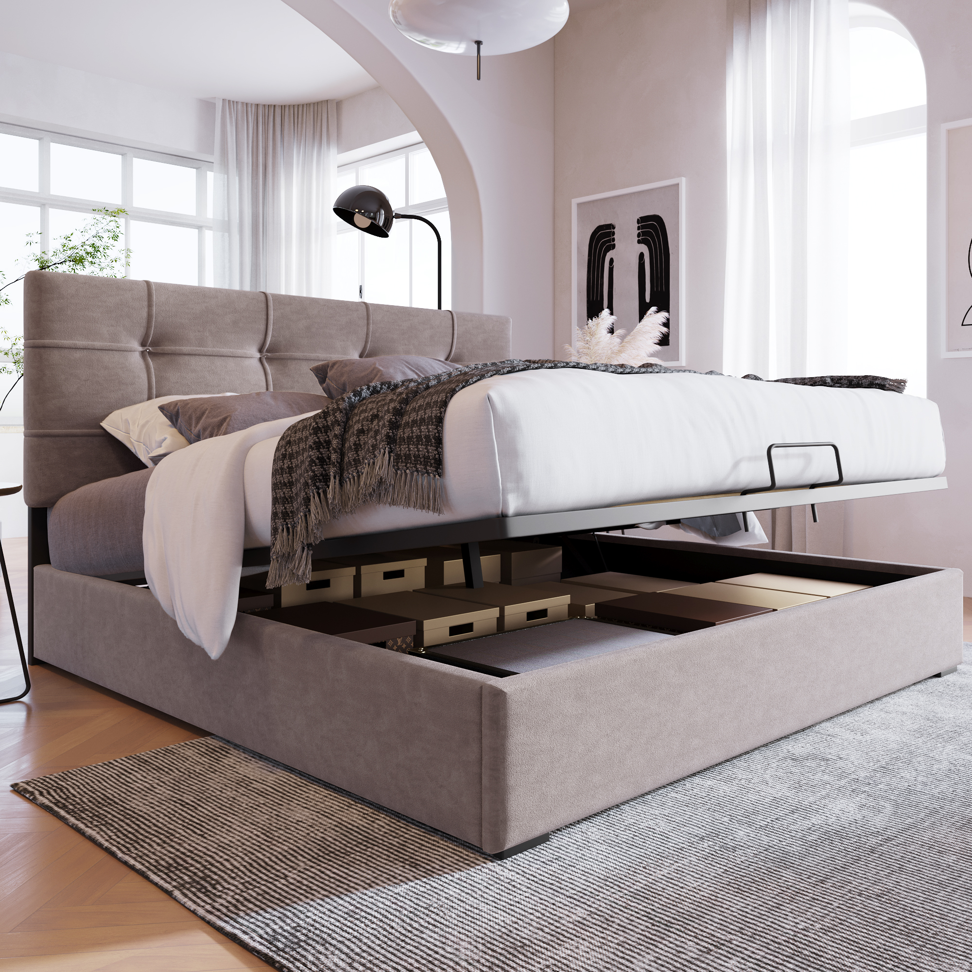 Hydraulic Double Bed Upholstered Bed 140x200cm,Adjustable Headboard, Bed With Metal Frame Slatted Frame, Velvet, Modern Bed Frame With Storage Space, Light Grey