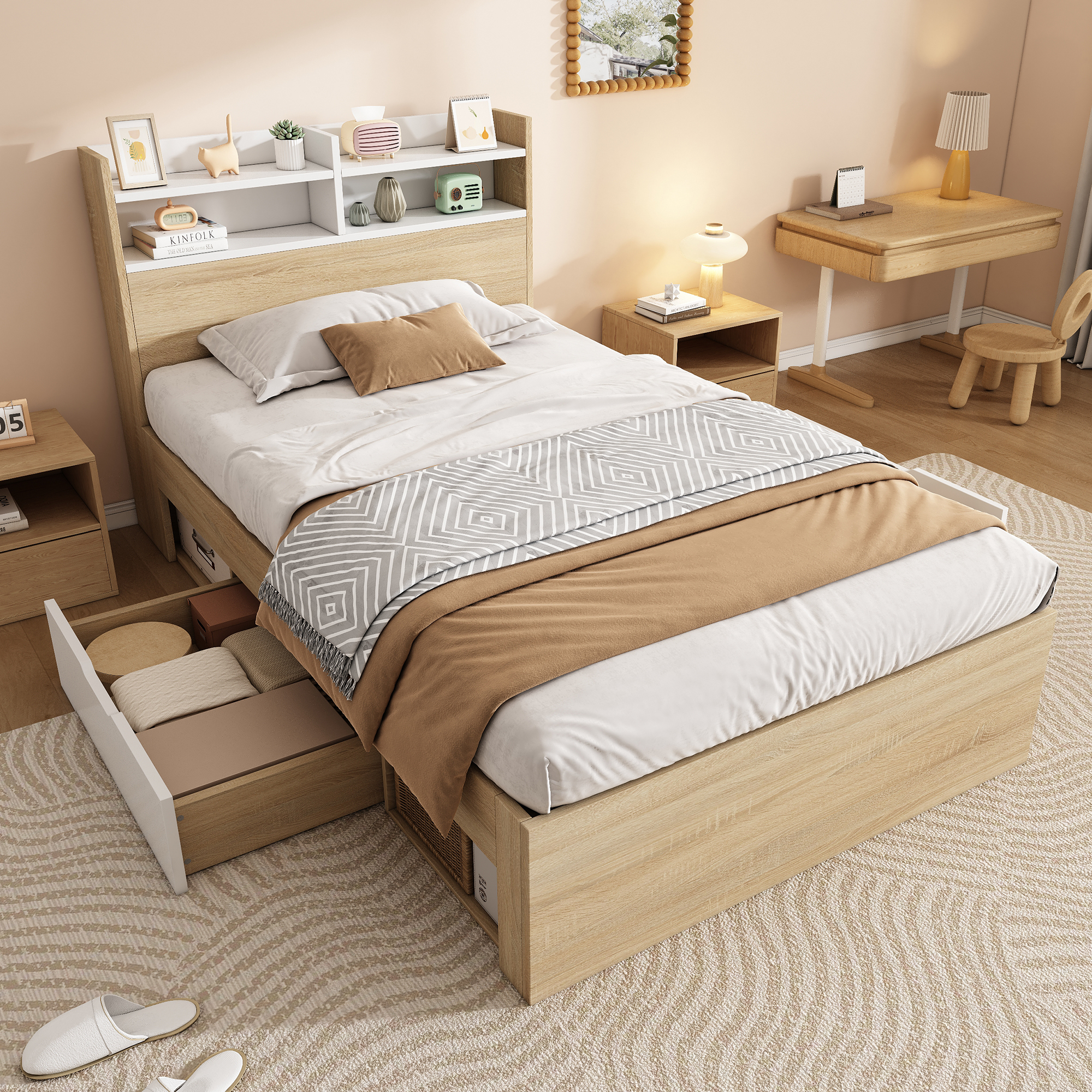 Wooden Single Bed 90x190 White-oak, Two-tone Bed With Headboard Shelf, 2 Drawers & Open Compartments, Partly Solid Wood, Space-saving Storage Bed Without Mattress