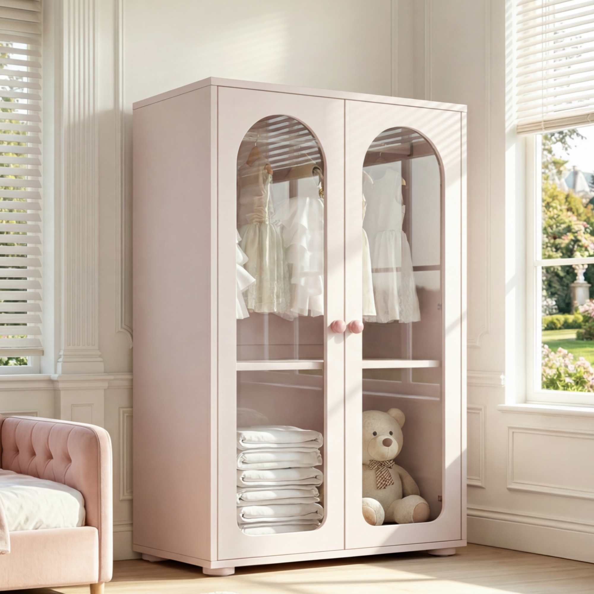 2-door Wardrobe, Lacquer Wardrobe, Bedroom Storage Cabinet, Children's Wardrobe, With Clothes Rail, Acrylic Transparent Doors, Ceramic Handles, Baby Pink, 80x50x120 Cm