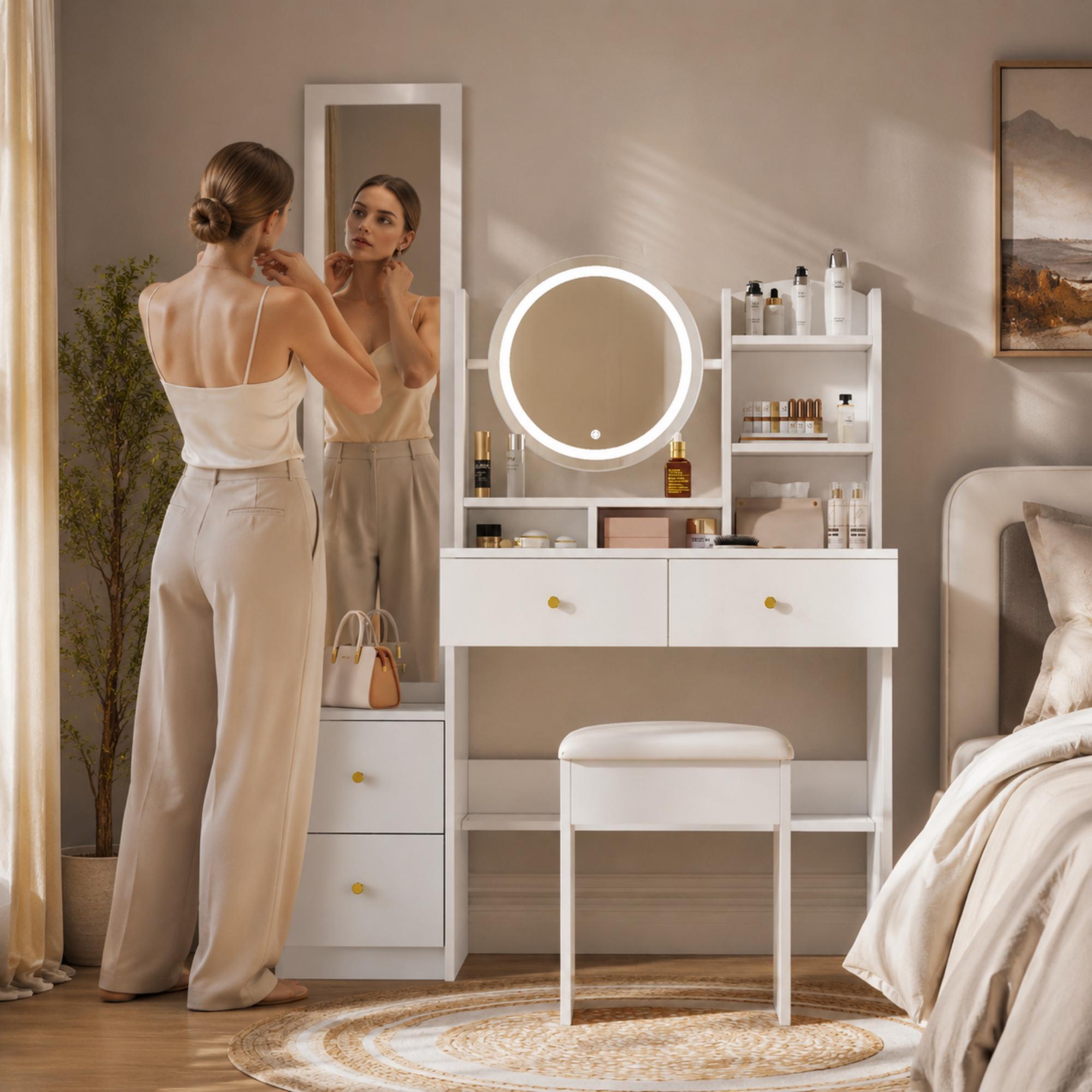 4-in-1 Vanity Table Makeup Table With Full-length Mirror And Rotating Table Mirror, Vanity Stool, 3-color LED Lighting, Metal Handle, White